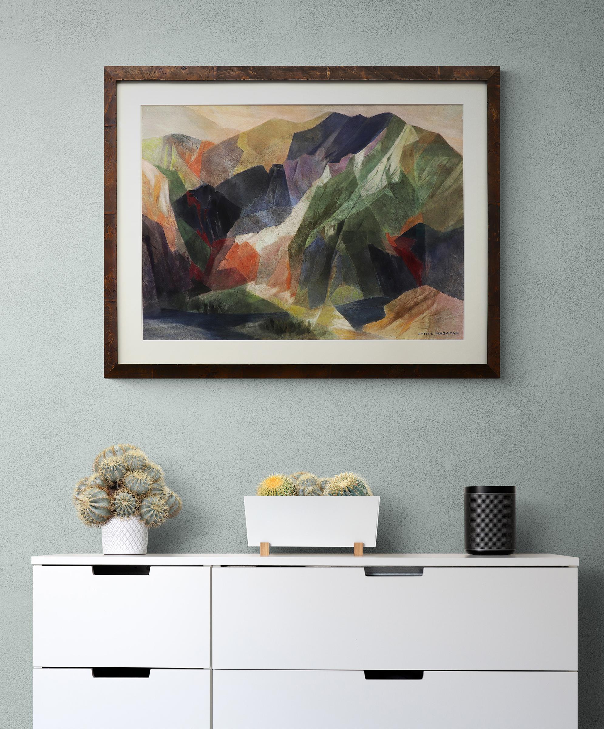 Dawn, Semi-Abstract Mountain Landscape, Multi-colored Watercolor Painting 1