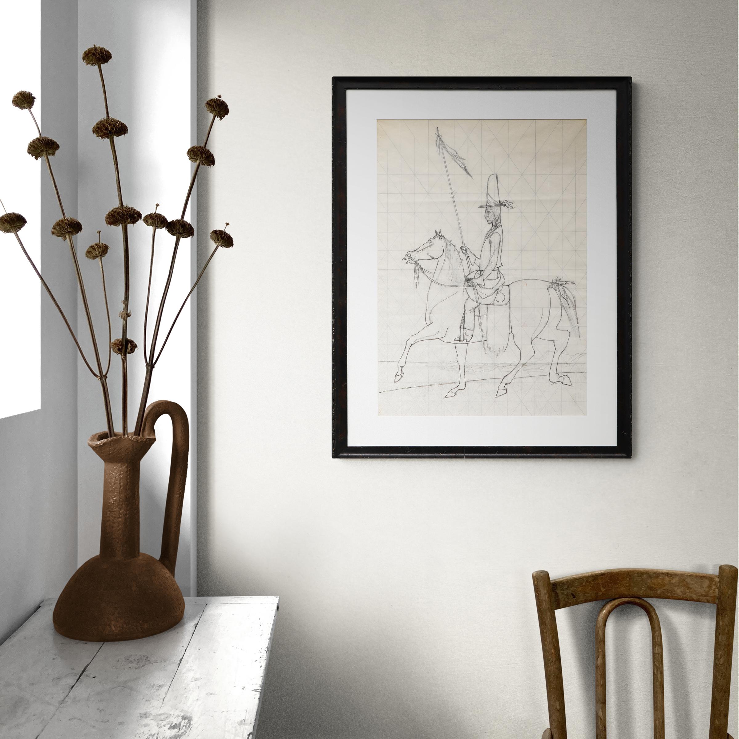 Untitled graphite on paper drawing by Verona Burkhard (1910-2004) of a figure on horseback. Preliminary sketch for a later completed mural. Presented in a custom frame with all archival materials, outer dimensions measure 29 ¾ x 22 ¾ inches.  Image