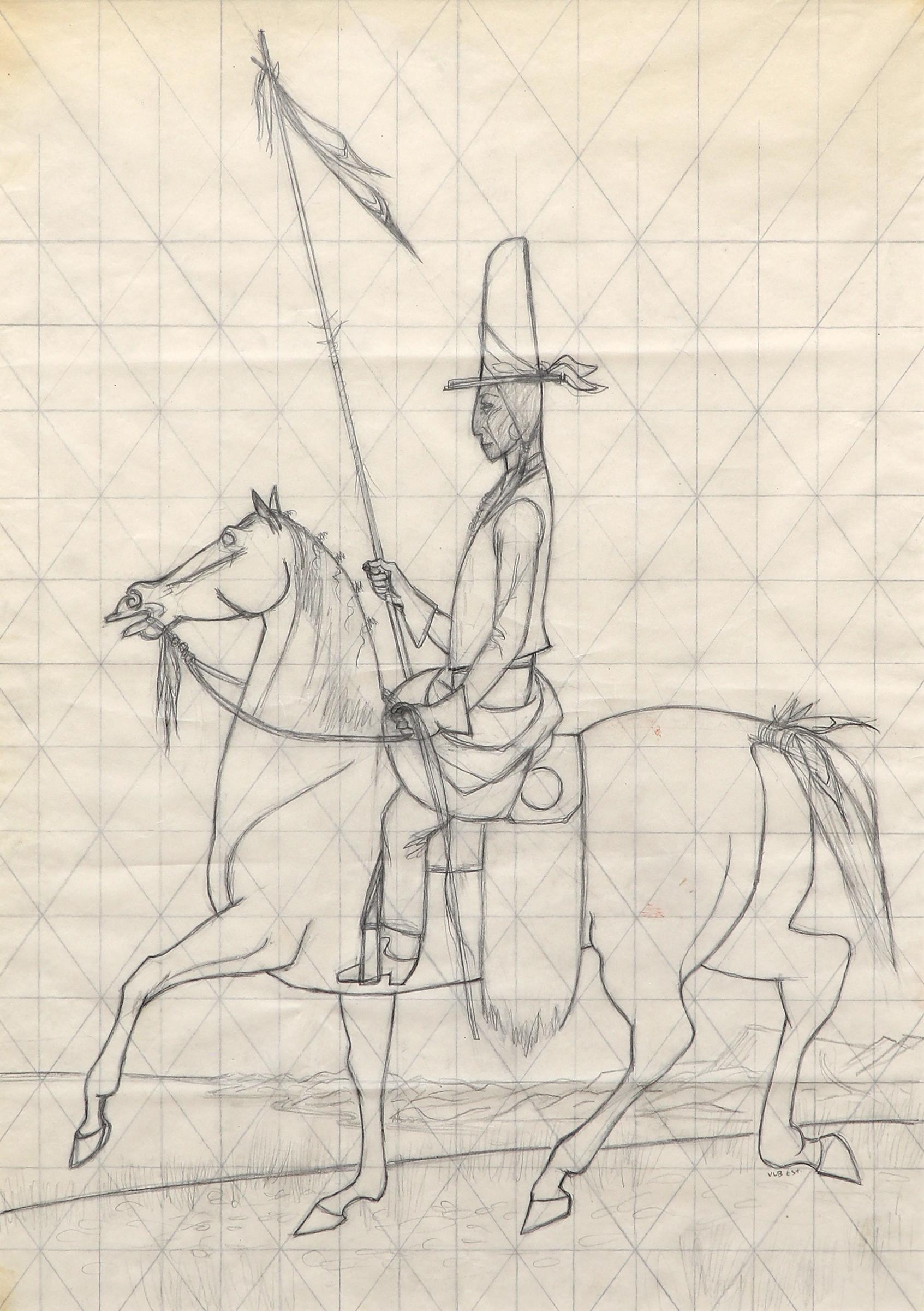 Sketch for Mural, Figure on Horseback in Black and White Original Drawing - Art by Verona Burkhard