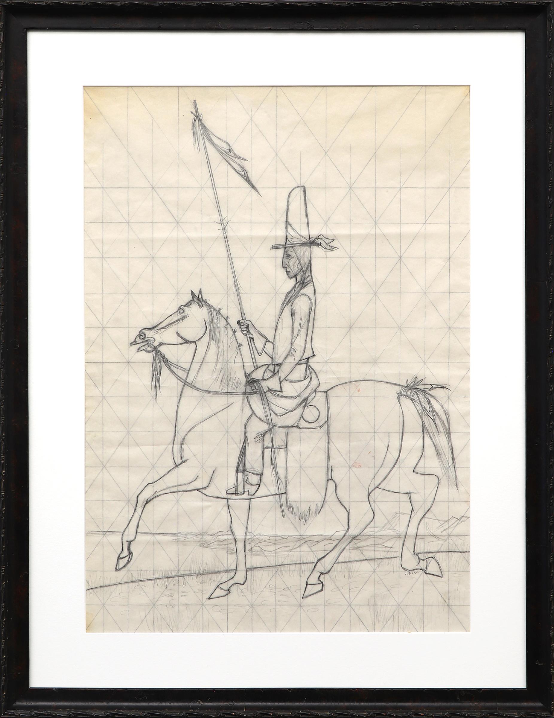 Original Schwarz-Weiß-Graphit-Sketch für Wandmalerei: Figur auf Pferd Zeichnung – Art von Verona Burkhard