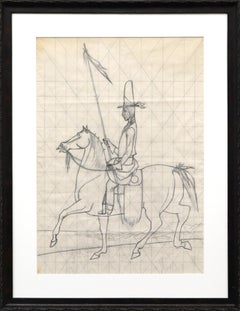 Original Black and White Graphite Sketch for Mural: Figure on Horseback Drawing