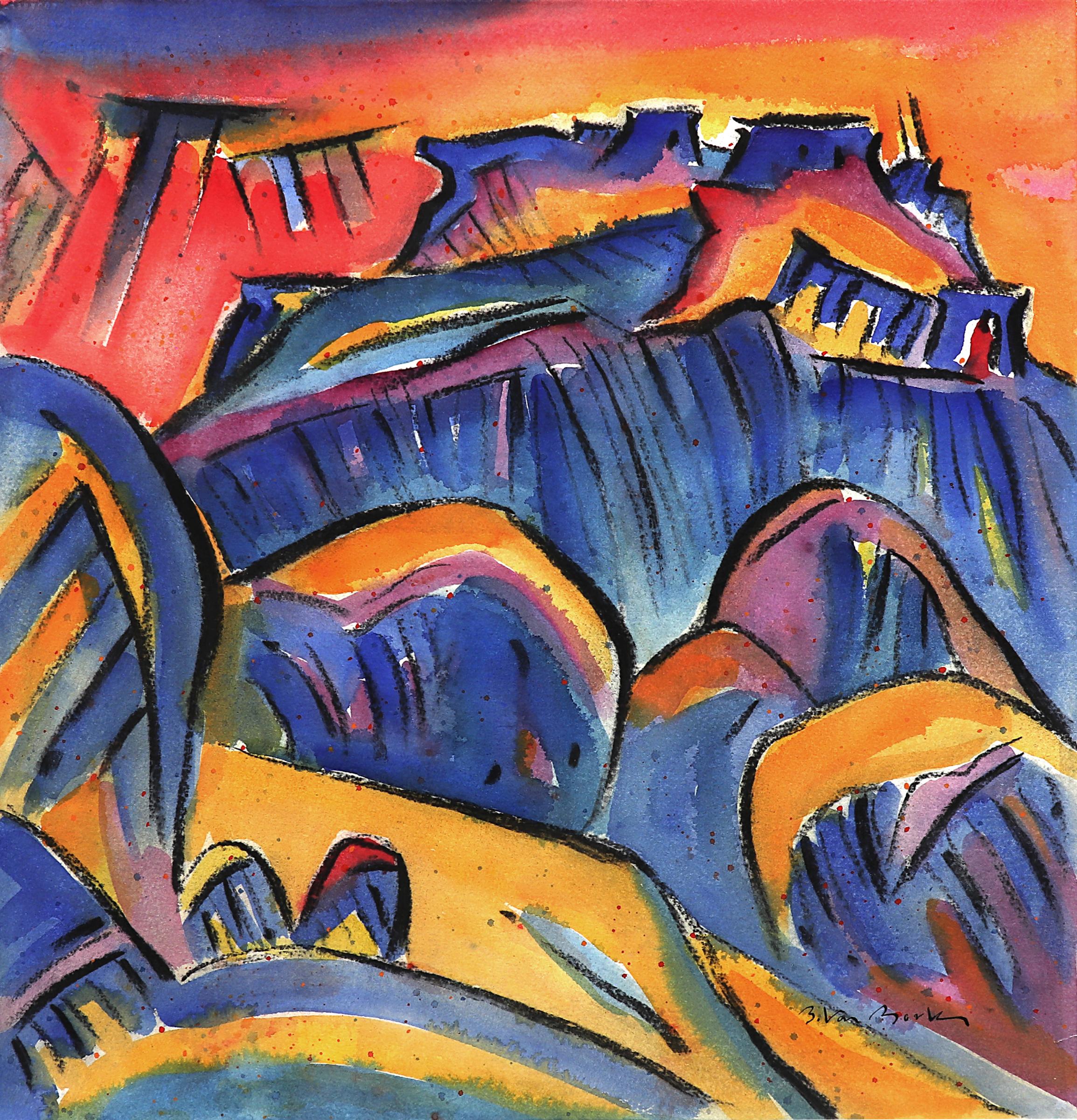 Second Mesa (Hopi Pueblo, Arizona), Multicolored Southwest Mixed Media Landscape - Art by Bert Van Bork