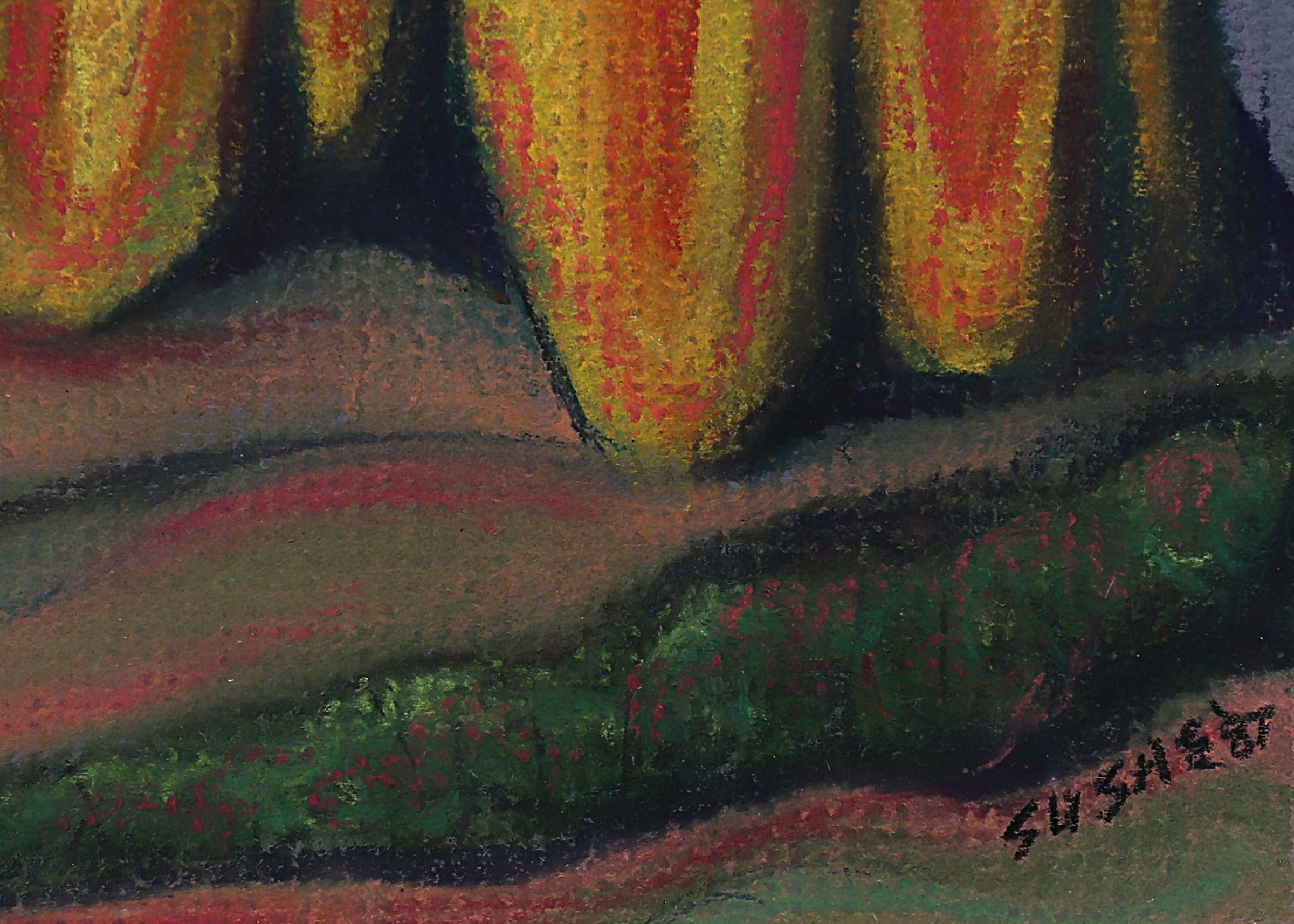 Pastell auf Papier, signiert und datiert von Sushe Felix (20. Jh.) unten rechts, zeigt eine Ansicht des Garden of the Gods Park in Colorado Springs im Stil der amerikanischen Moderne von 1987. Präsentiert in einem maßgefertigten Rahmen mit allen