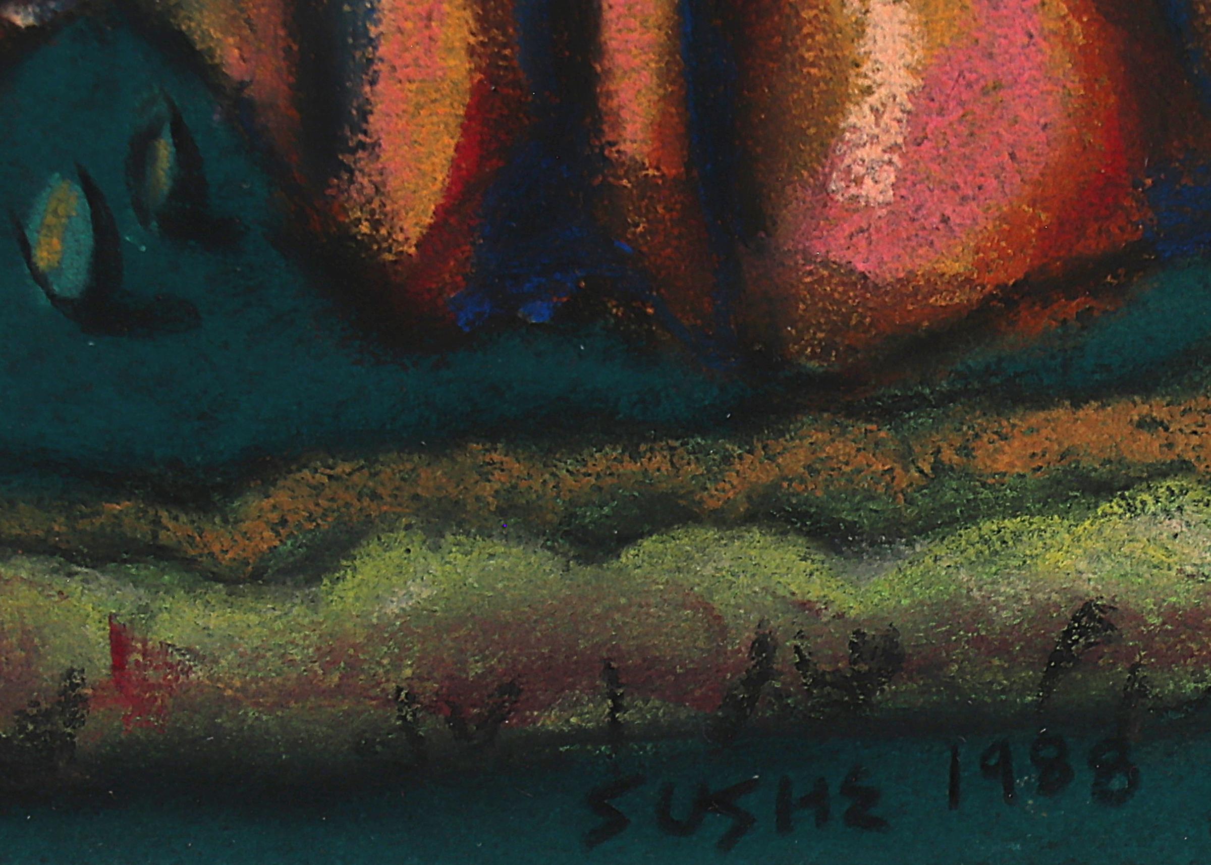Pastell auf Papier von Sushe Felix (20. Jahrhundert), das eine Ansicht des Garden of the Gods Park in Colorado Springs im Stil der amerikanischen Moderne darstellt. Präsentiert in einem maßgefertigten Rahmen mit allen archivtauglichen Materialien in