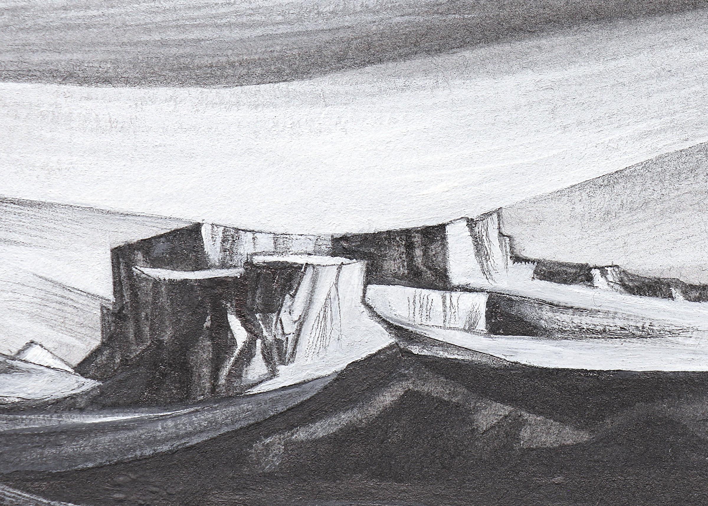 Pair of Abstract Graphite Casein Southwestern Landscape Drawings, Black White 2