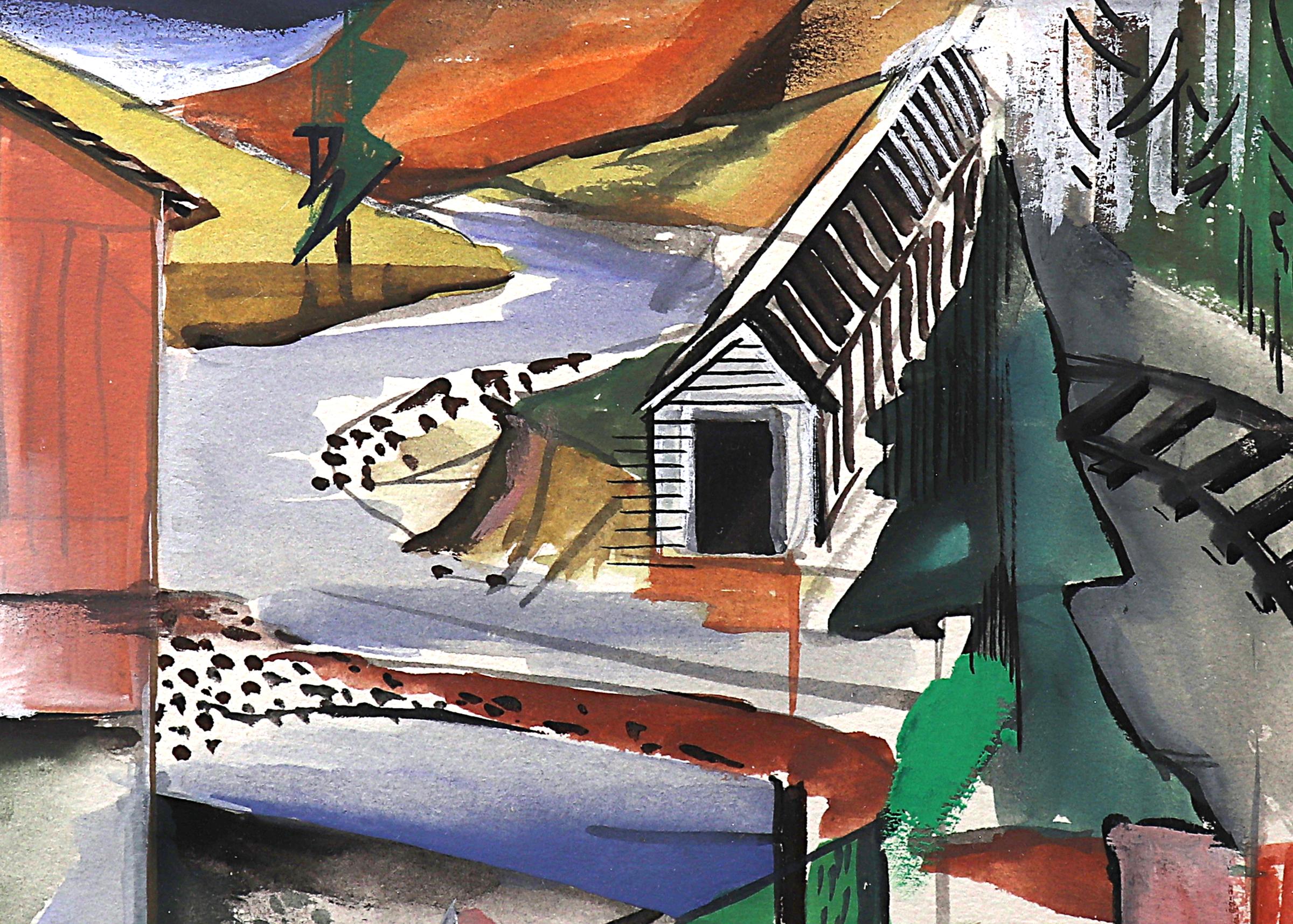Gemälde in Gouache und Aquarell auf Papier, gemalt 1948 von Mary Chenoweth (1918-1999). Signiert und datiert vom Künstler in der rechten unteren Ecke. Zeigt eine abstrahierte Landschaft des Goldabbaus in der Homestake Mine in South Dakota. Bemalt in