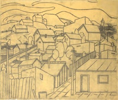 Dessin au graphite des années 1930 de l'époque WPA, scène de ville moderne américaine avec des maisons sur une colline, CO