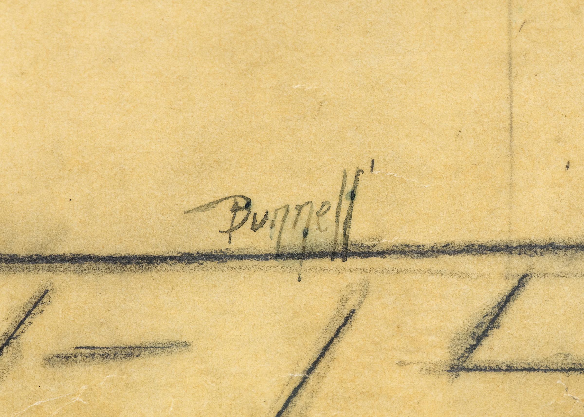 Graphitzeichnung auf Papier mit Häusern auf einem Hügel von Charles Ragland Bunnell (1897-1968), um 1935. Präsentiert in einem maßgeschneiderten Hartholzrahmen mit allen archivtauglichen Materialien und UV-Schutzglas; Außenmaße messen 21 x 21 ½ x ½