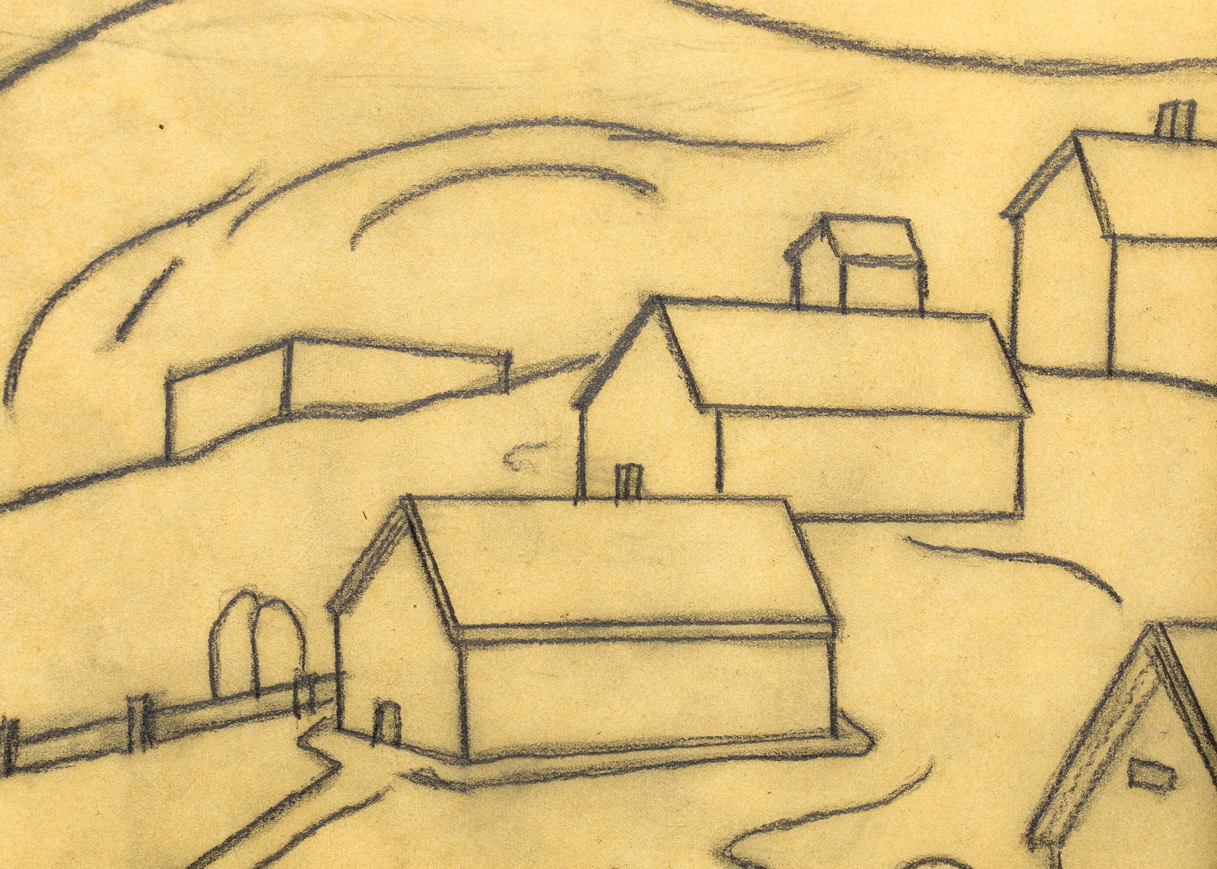 Graphite on paper drawing of houses on a hill by Charles Ragland Bunnell (1897-1968) circa 1935. Presented in a custom hardwood frame with all archival materials and UV protectant glass; outer dimensions measure 21 x 21 ½ x ½ inches. Image size is