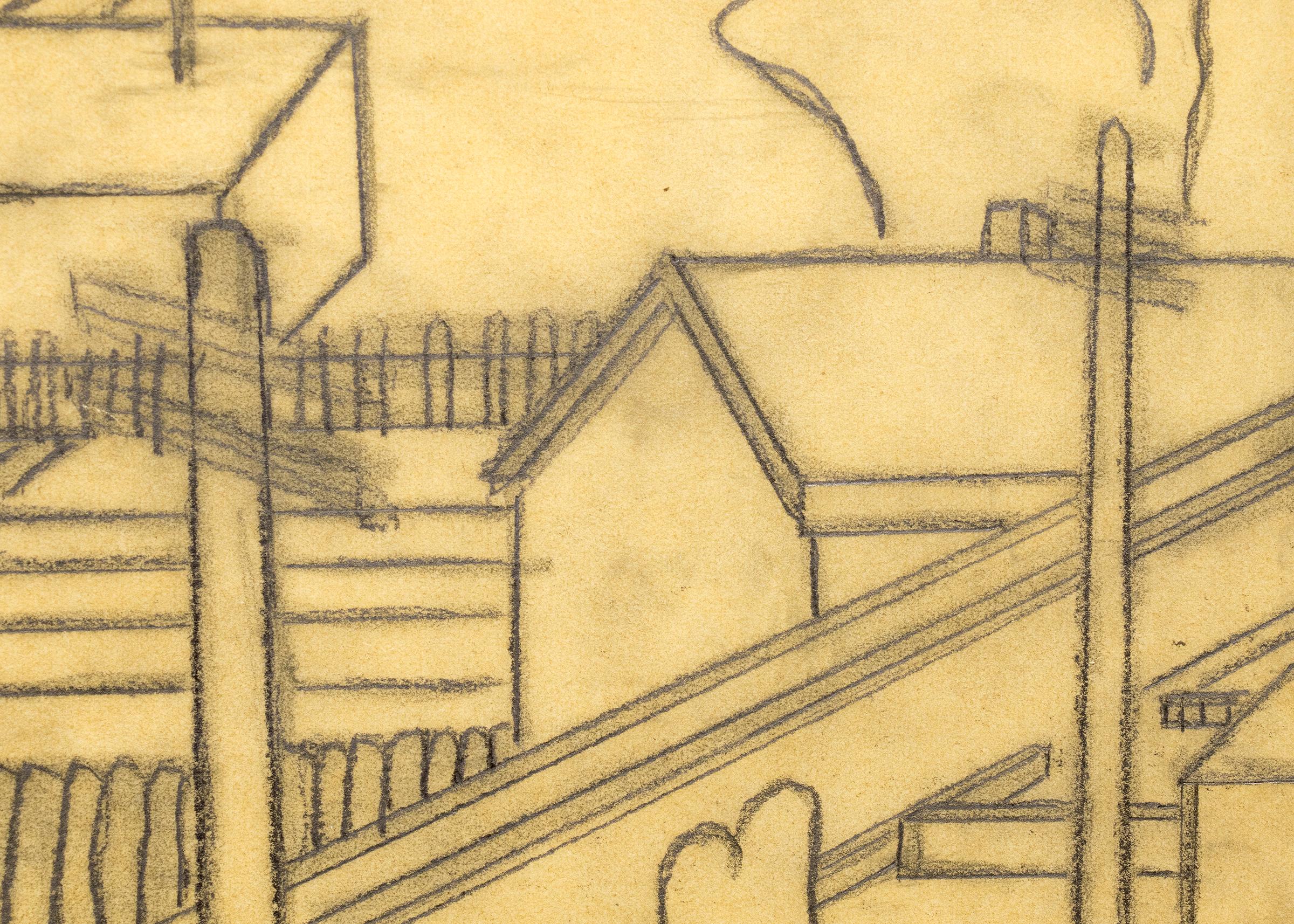 Dessin au graphite des années 1930, scène de ville moderne américaine avec des maisons sur une colline, Colorado en vente 1