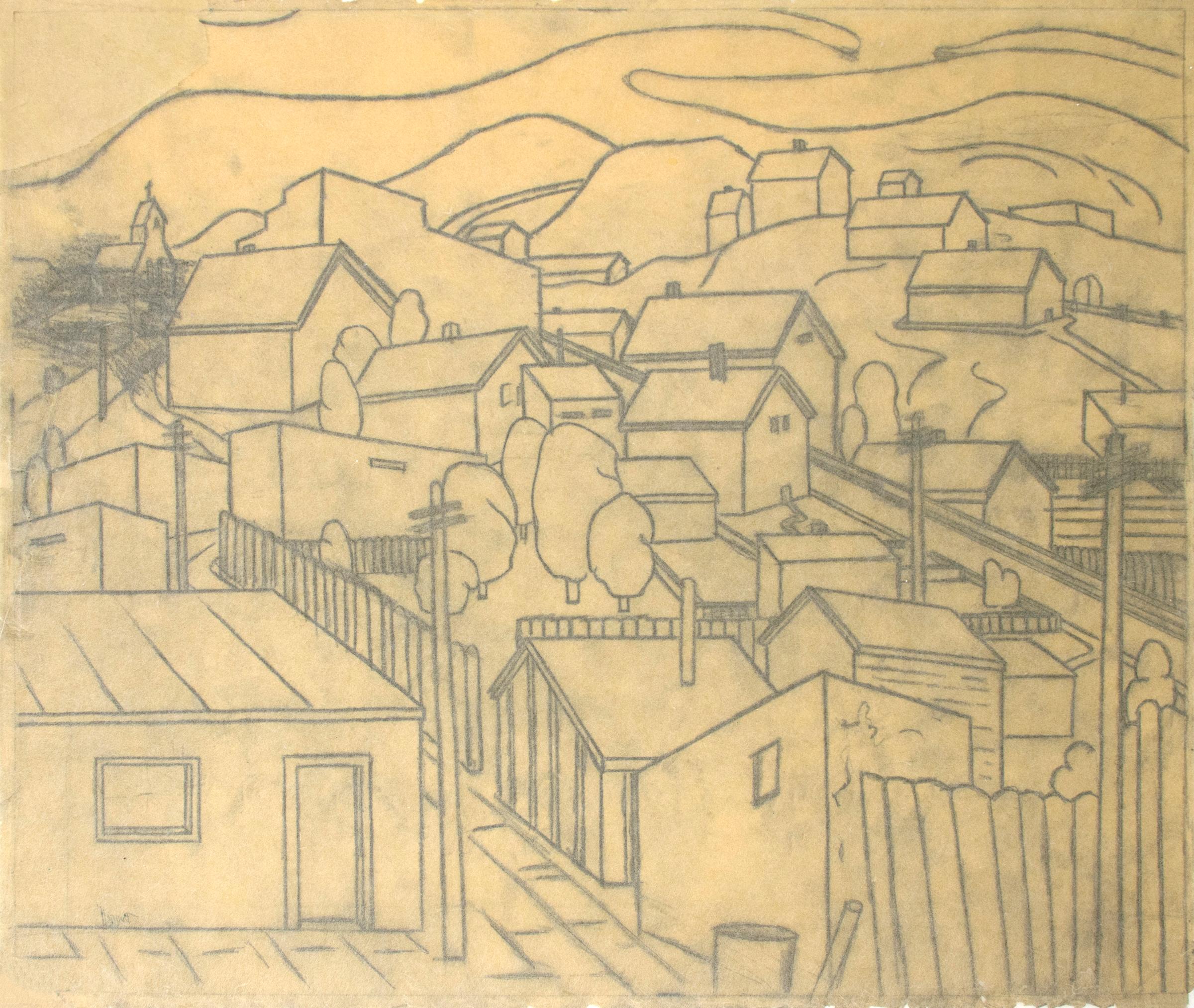 Dessin au graphite des années 1930, scène de ville moderne américaine avec des maisons sur une colline, Colorado en vente 4