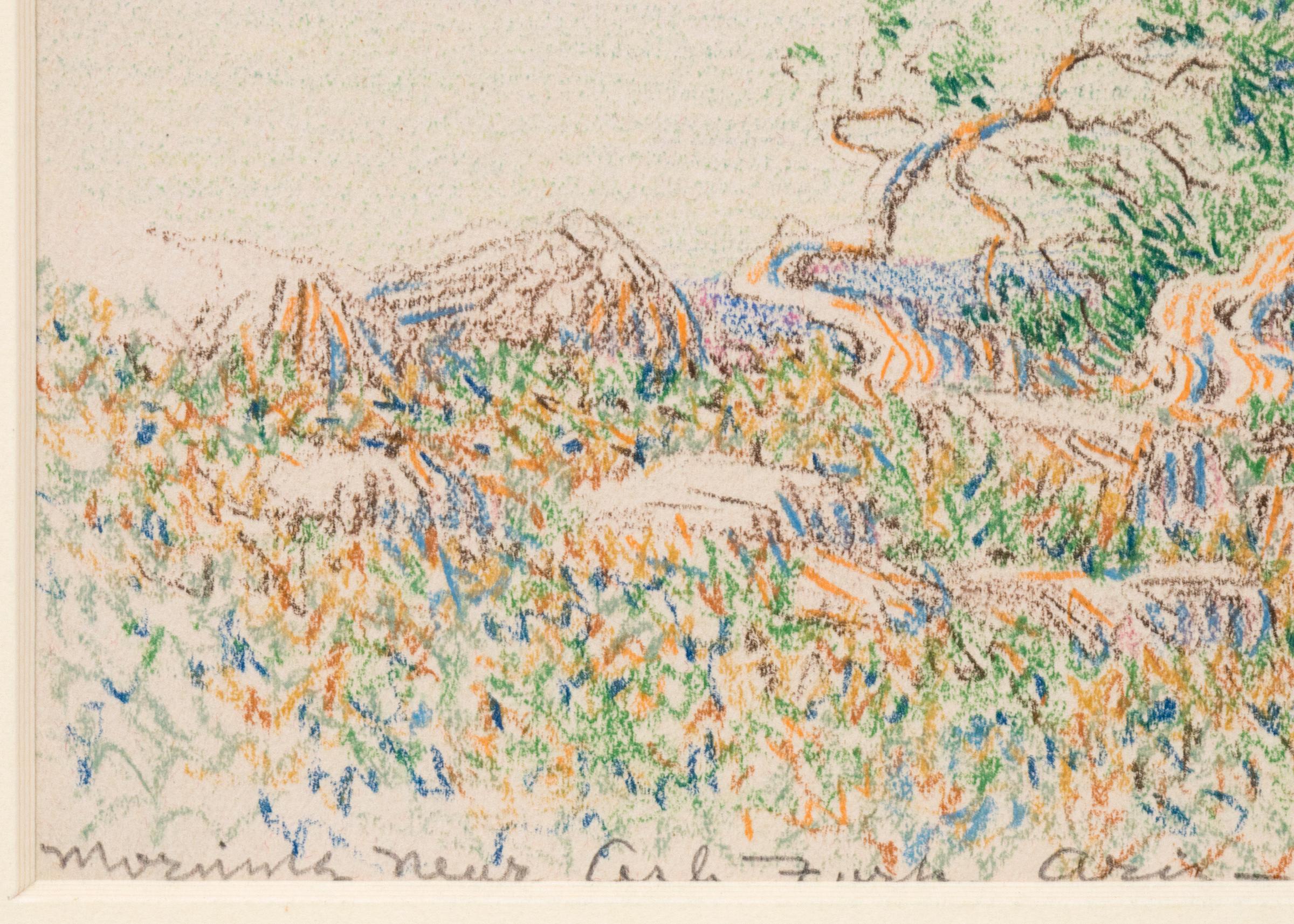 Morning Near Arizona, (Desert Landscape) est un dessin original au crayon de couleur réalisé en 1888 par George Elbert Burr (1859-1939). Représentation d'un paysage printanier/estival avec un arbre et une faune, des nuages, un sommet de montagne au