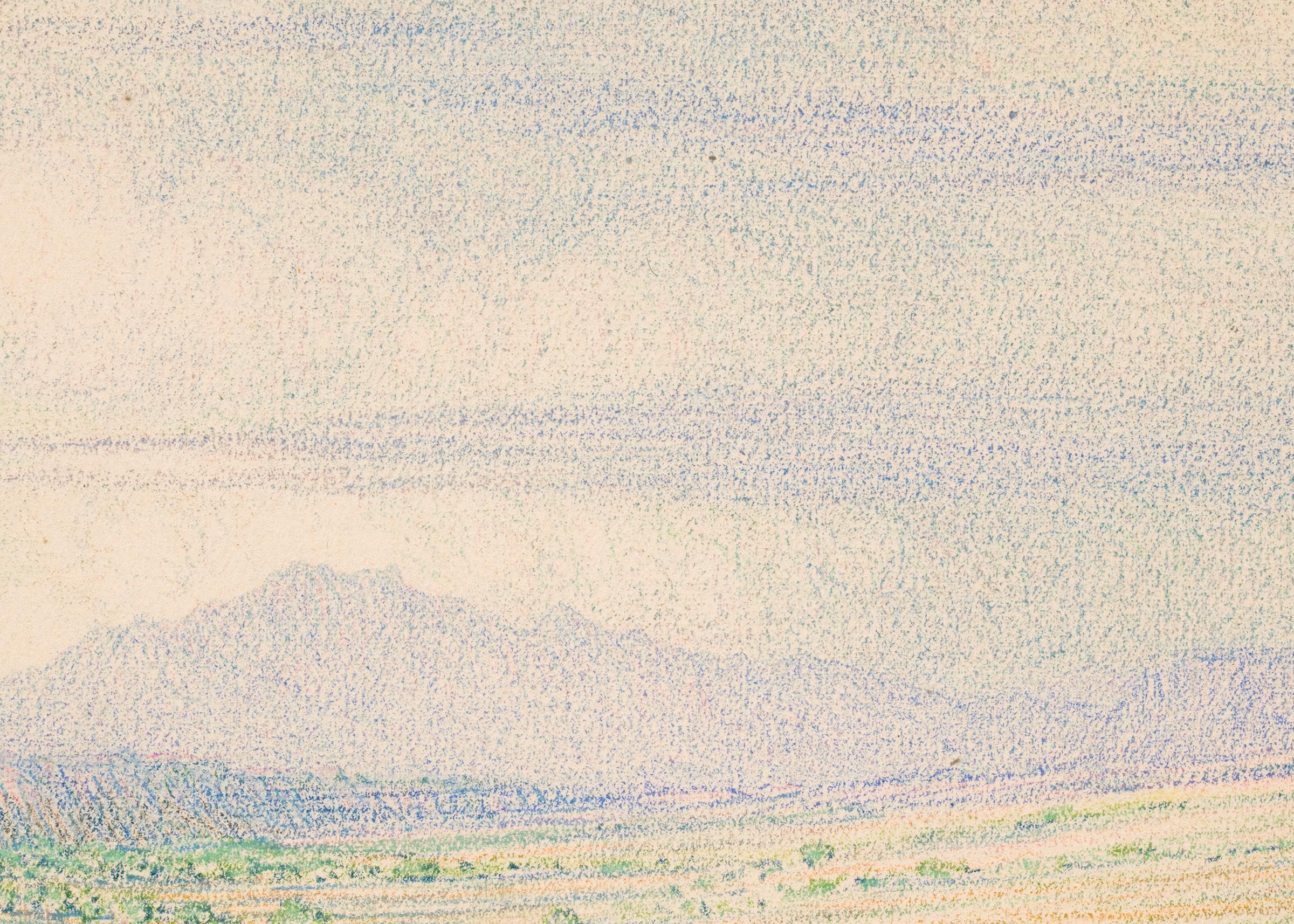 Morning Near Arizona, (Desert Landscape) is an original color pencil drawing from 1888 by George Elbert Burr (1859-1939). Portrays a spring/summer landscape with a tree and fauna, clouds, a mountain peak in the distance. Presented in a custom frame