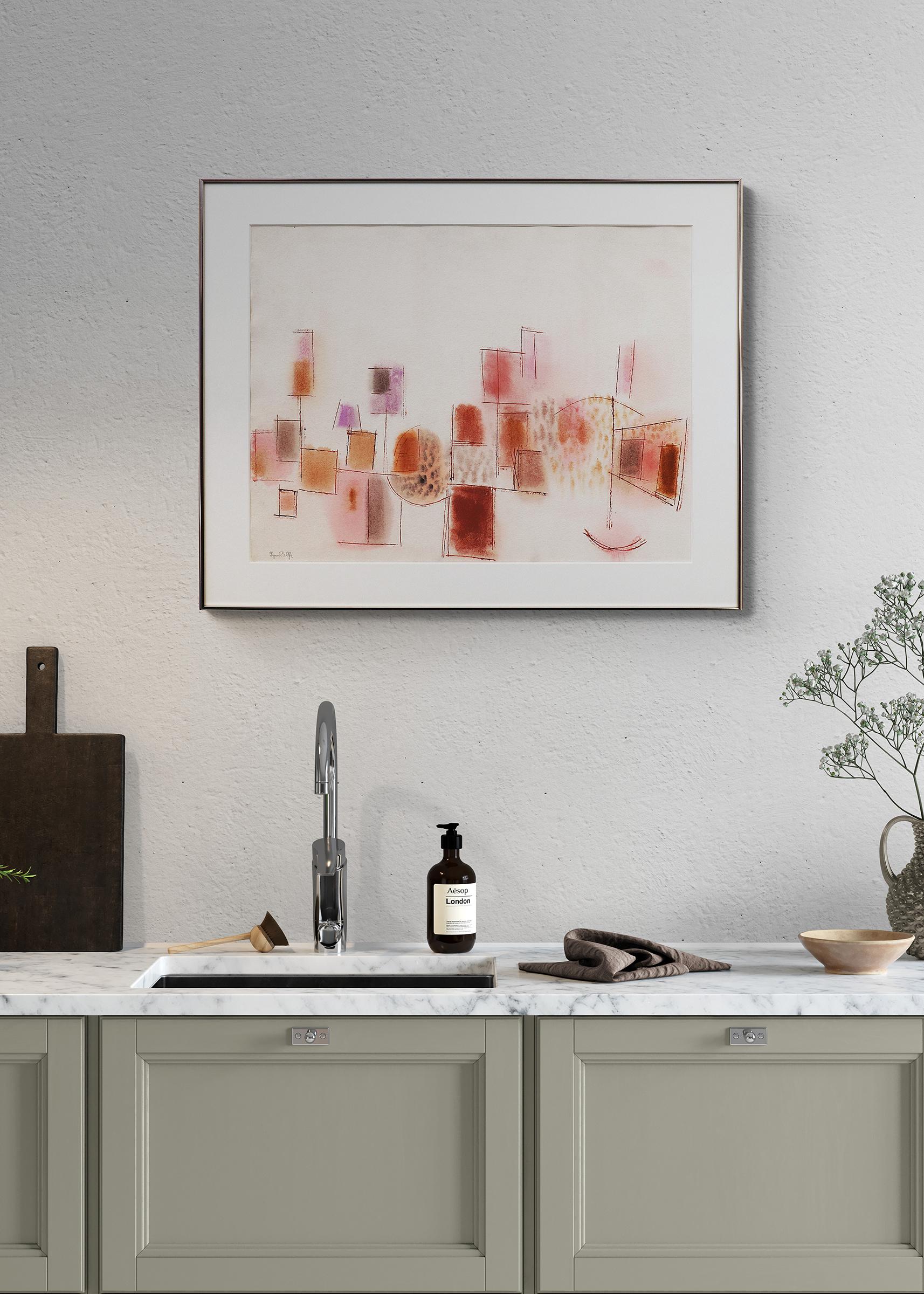 Aquarelle abstraite du 20ème siècle encadrée et signée, orange, rose, rouge en vente 3