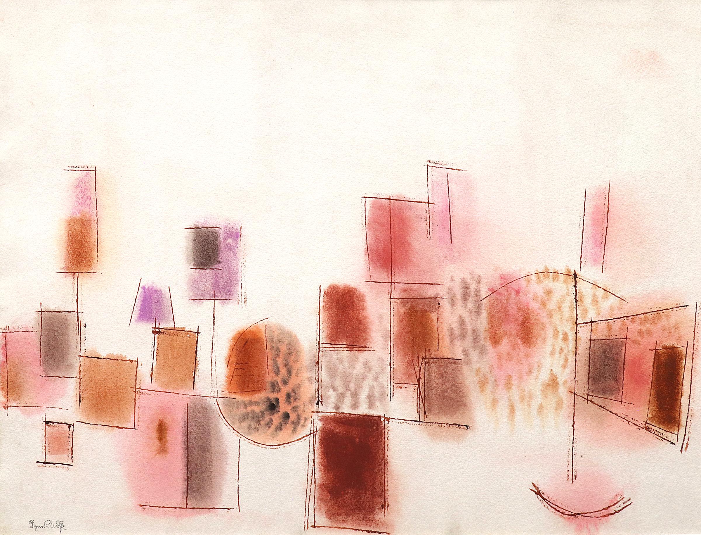 Pink, orange, and red abstract watercolor on paper by Lynn R. Wolfe (1917-2019). Signed by the artist in the lower left corner. Presented in a custom frame with all archival materials measuring 27 ½ x 34 ¼; image size is 22 ¼ x 30 inches.