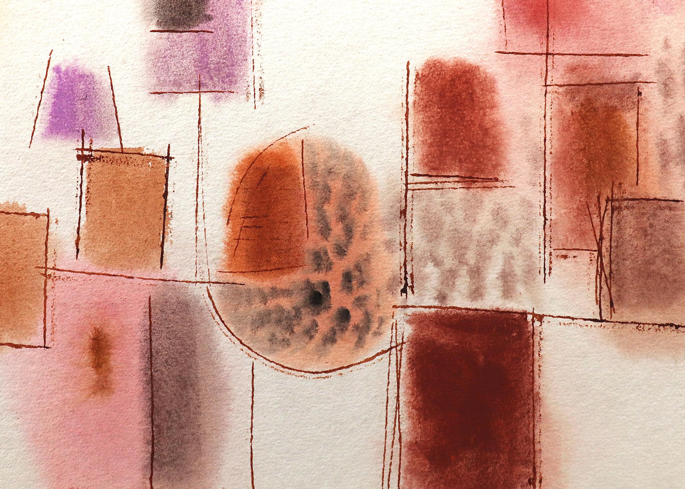 Aquarelle abstraite rose, orange et rouge sur papier de Lynn R. WOLFS (1917-2019). Signé par l'artiste dans le coin inférieur gauche. Présenté dans un cadre personnalisé avec tous les matériaux d'archives mesurant 27 ½ x 34 ¼ ; la taille de l'image