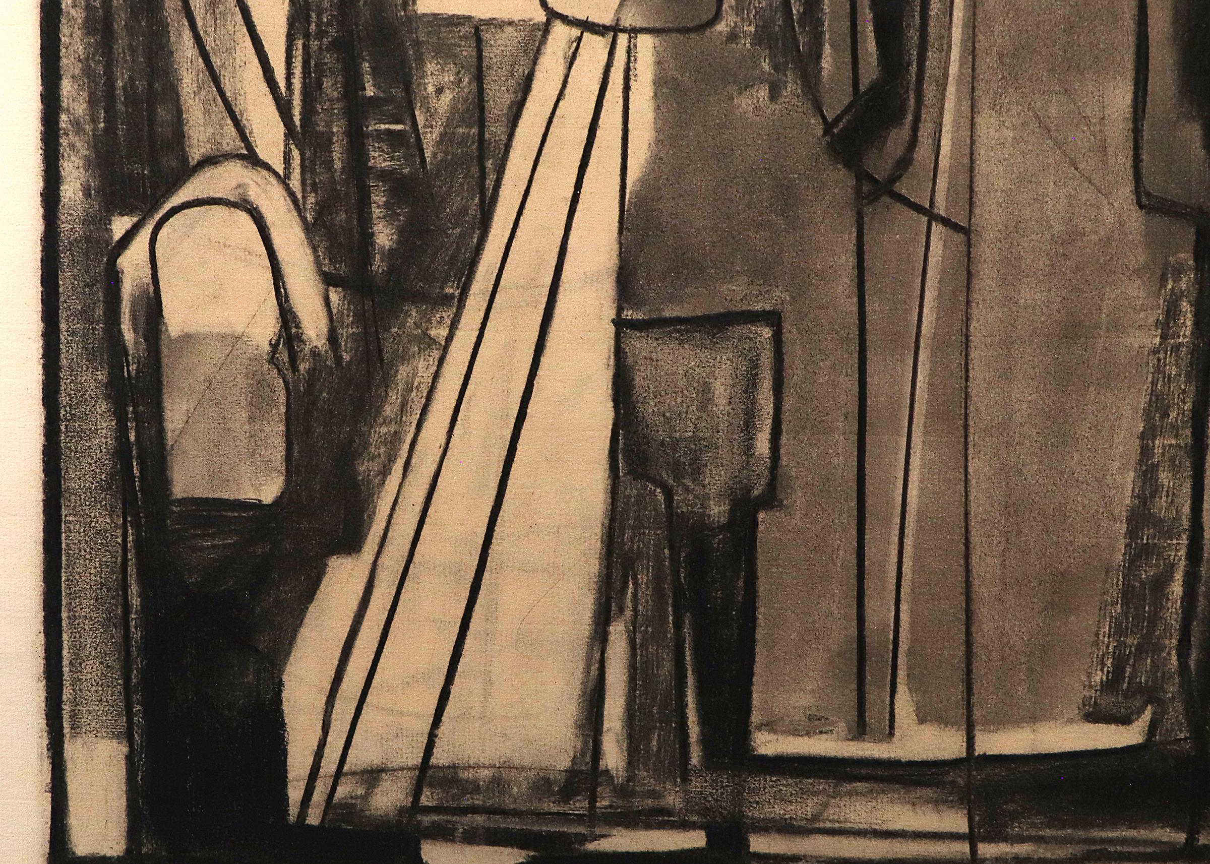 1950er Jahre Abstrakte Kohlezeichnung, Mid Century Modern Design, Schwarz-Off-Weiß im Angebot 6