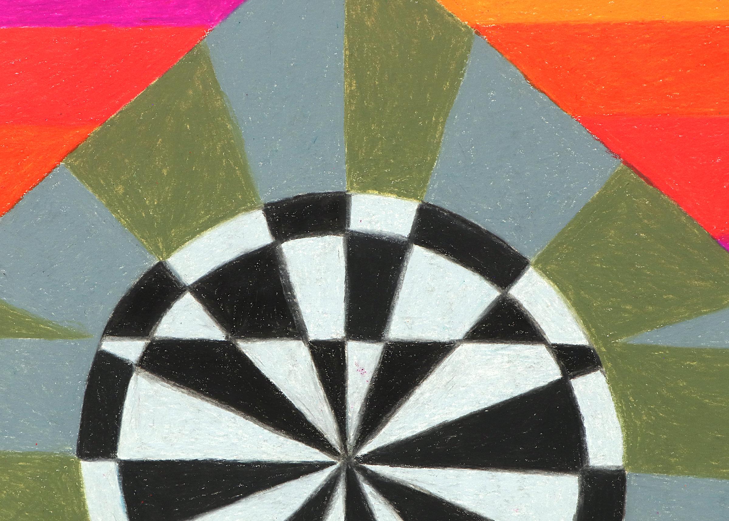 Zirkus-Serie: Target ist eine abstrakte Zeichnung von Margo Hoff (1910-2008) mit Buntstift auf Papier aus dem Jahr 1980. Abstrakte Komposition in leuchtenden Orange-, Rosa-, Gelb- und Blautönen mit schwarzen und weißen Akzenten. Präsentiert in einem