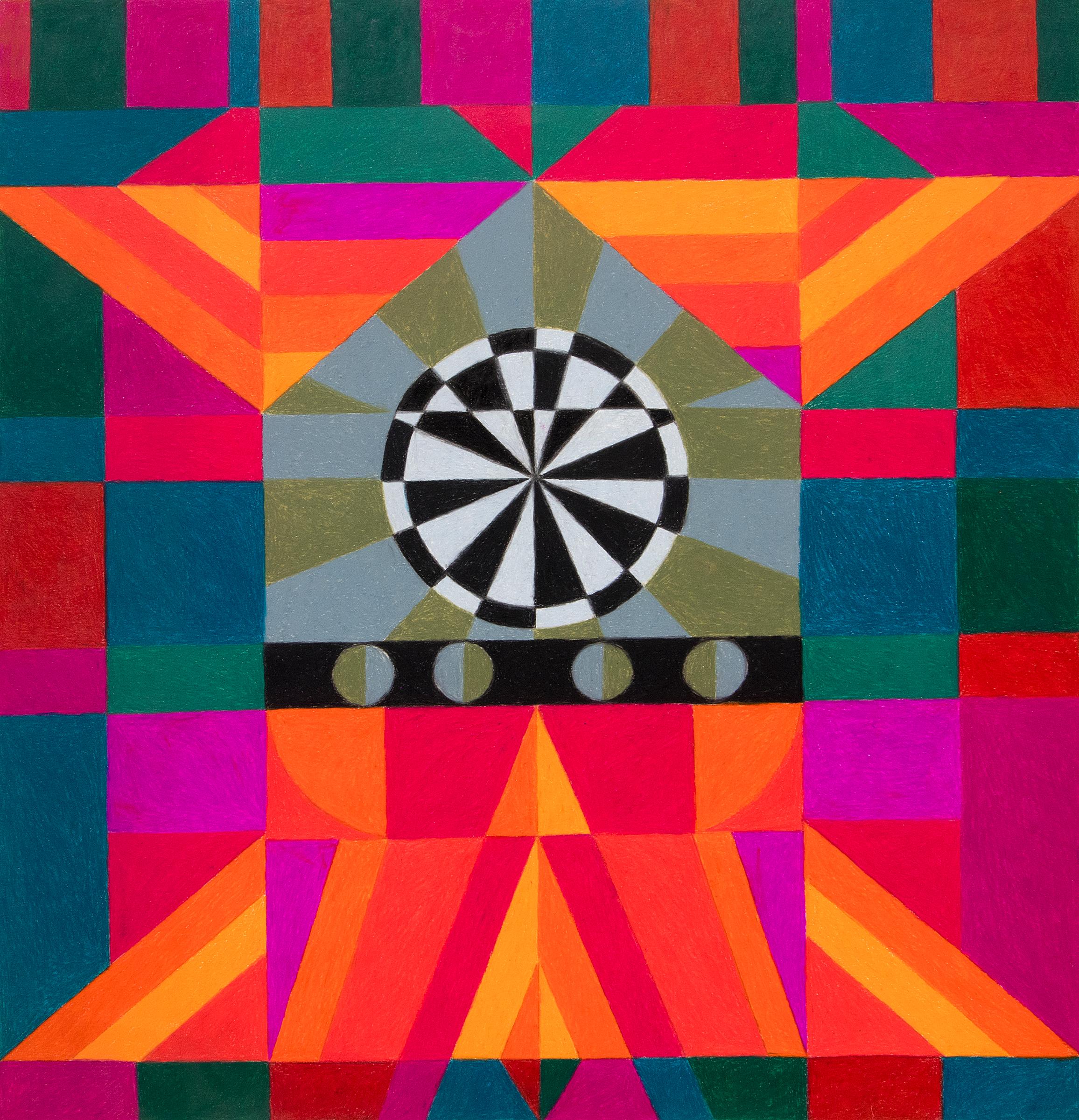 Circus-Serie: Target, lebhafte farbige abstrakte Conte-Kreidezeichnung auf Papier  (Abstrakt), Art, von Margo Hoff