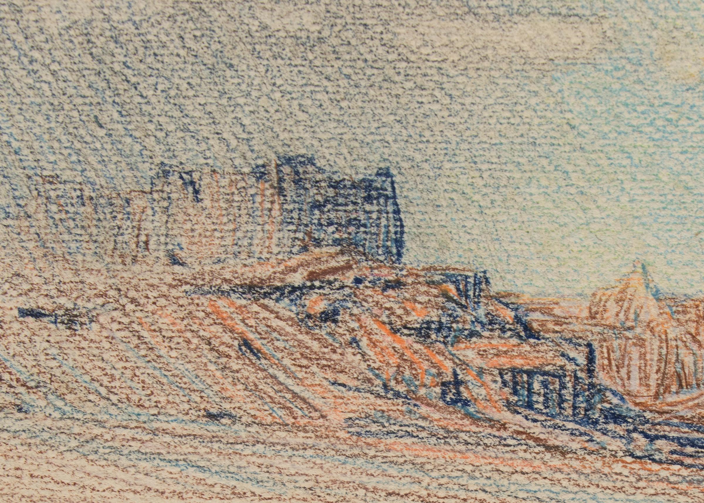 1924 Bunte Bleistiftzeichnung von George E. Burr, Arizona Wüstensturm-Landschaft (Beige), Figurative Art, von George Elbert Burr