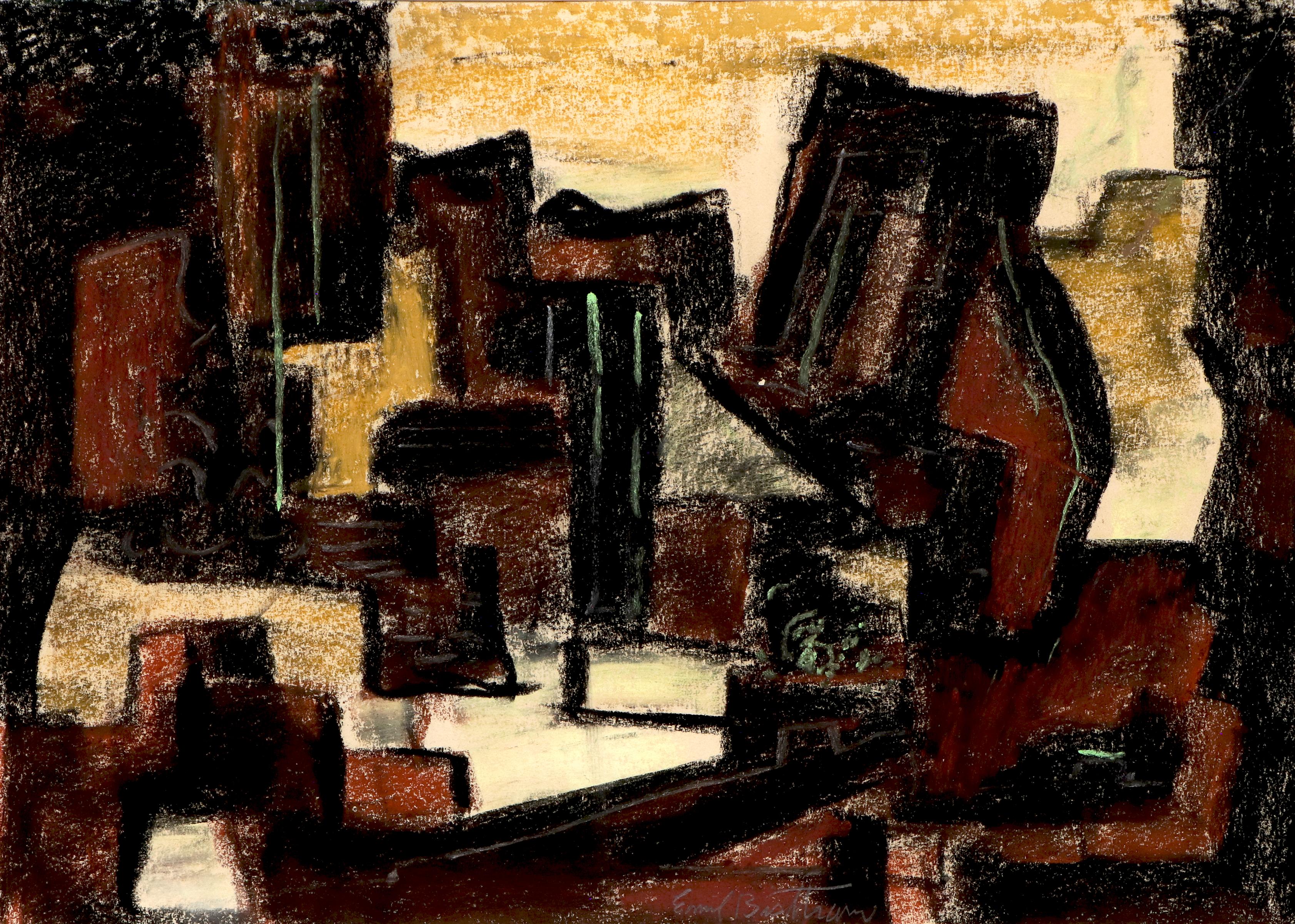 Cascata: Pastello astratto dell'artista di Taos Emil James Bisttram nei toni della terra - Abstract Drawing Nero di Emil Bisttram