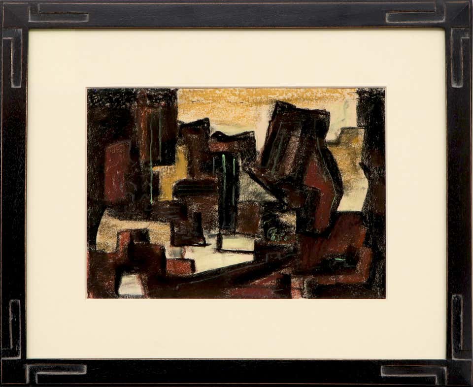 Emil Bisttram “Waterfall” Abstract Taos Modernist Oil Pastel Painting
