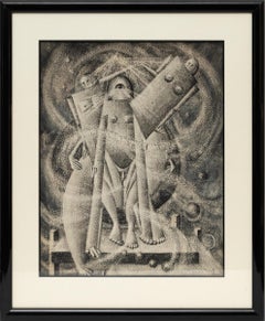 Original 1940er Jahre Retrofuturismus Gouache-Gemälde "Geburt des Geistes" in Schwarz-Weiß