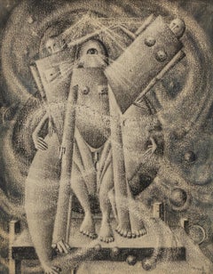 Pittura a guazzo retrofuturista originale degli anni '40 "Nascita della mente" in bianco e nero