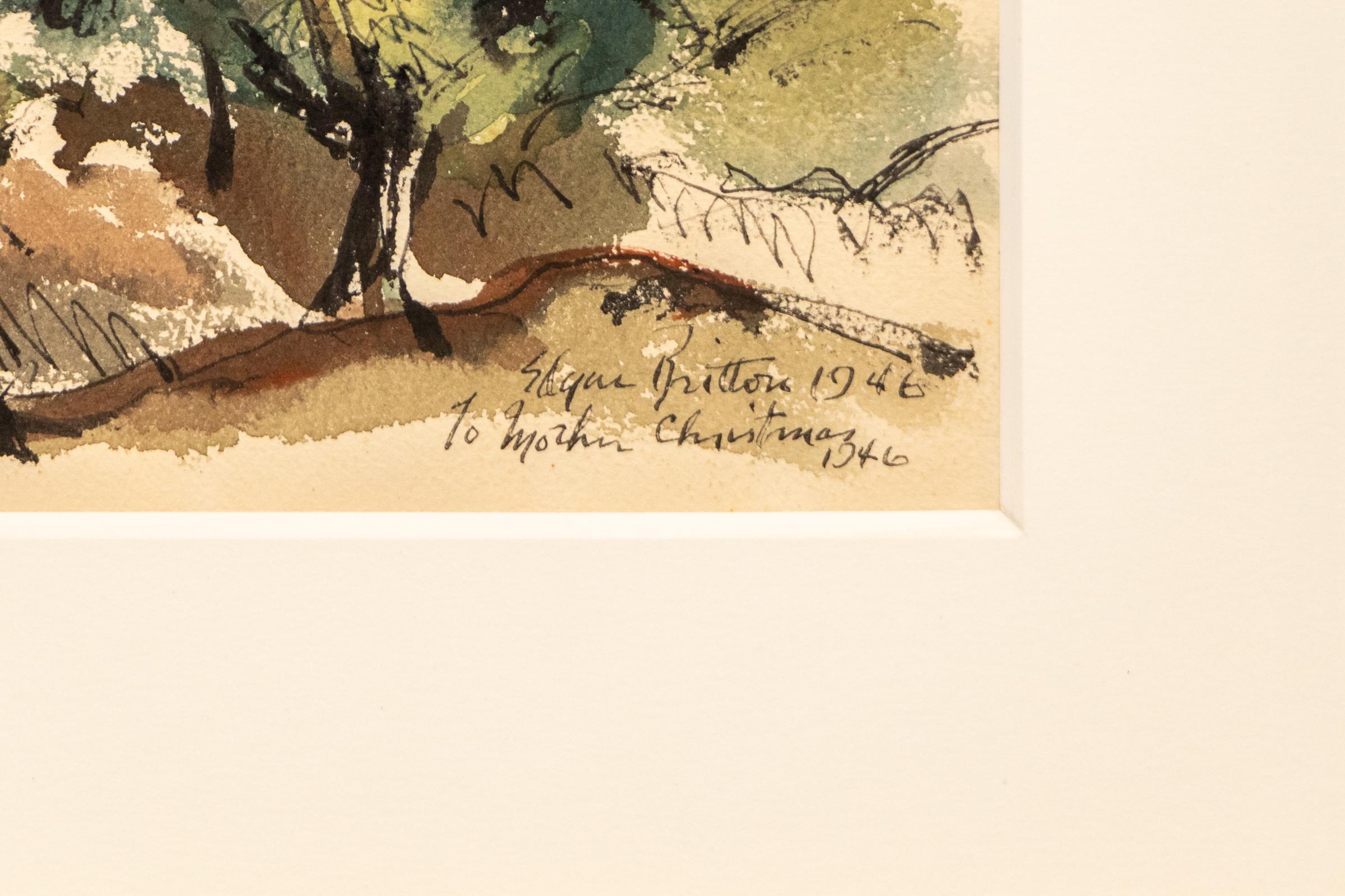 Questo acquerello originale dell'artista americano Edgar Britton cattura la serena bellezza di un paesaggio montano del Colorado. Creato nel 1946, questo pezzo presenta toni morbidi e ariosi di blu, verde, marrone e giallo, offrendo una visione