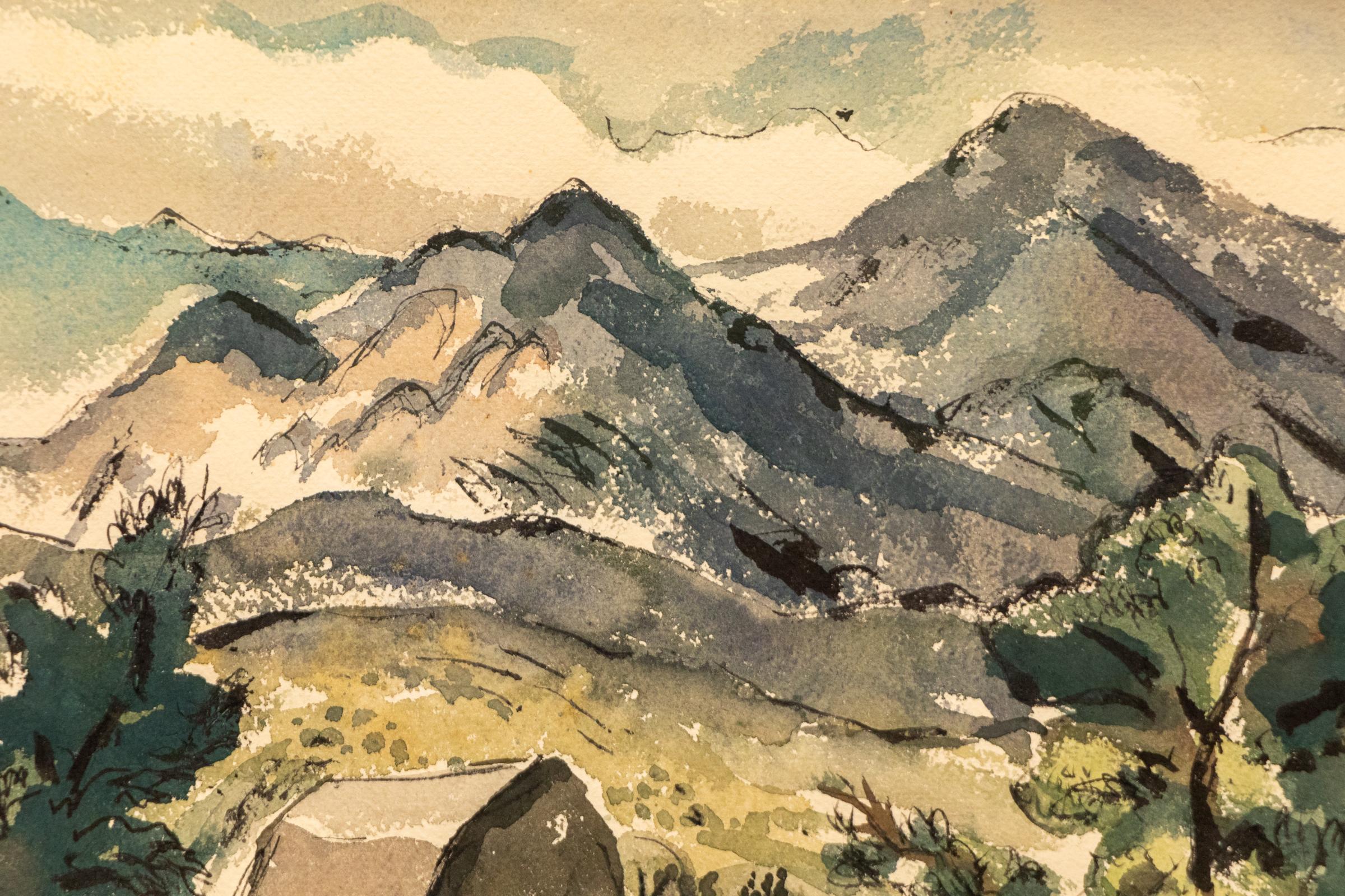 Pittura acquerellata del 1940, epoca WPA, moderna americana, paesaggio montano del Colorado - Landscape Art Beige di Edgar Britton