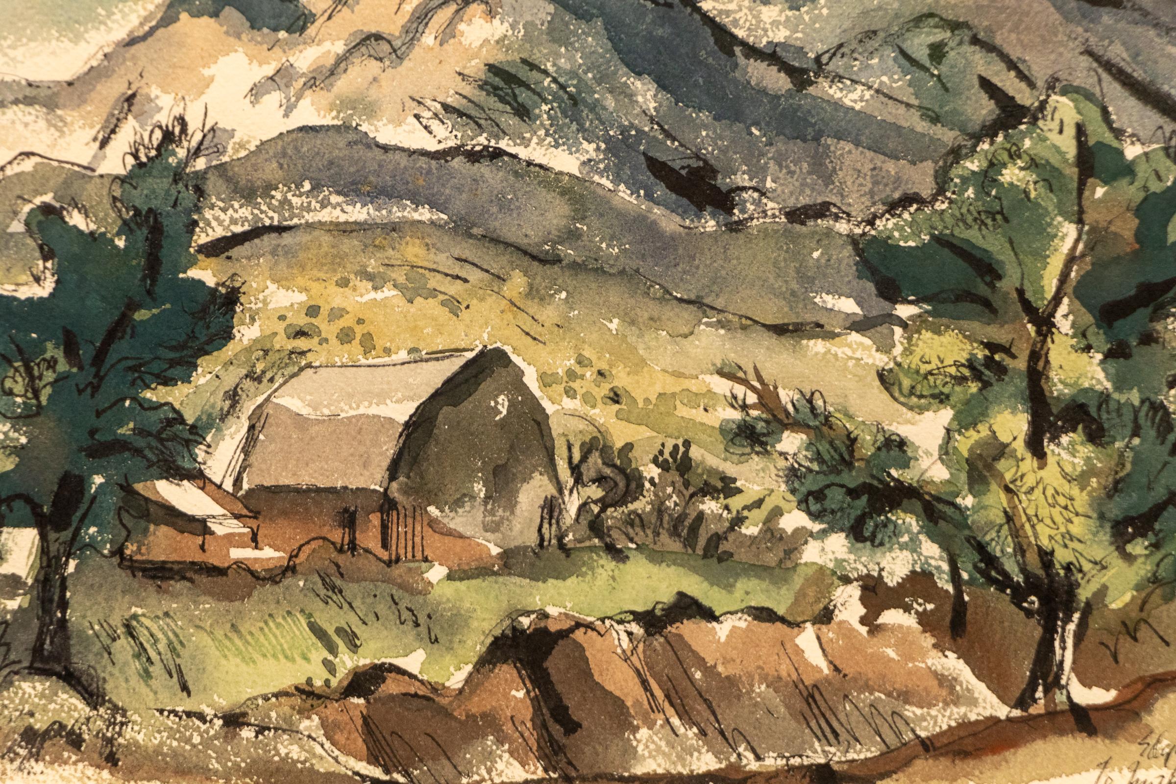 Pittura acquerellata del 1940, epoca WPA, moderna americana, paesaggio montano del Colorado - Art American Modern di Edgar Britton