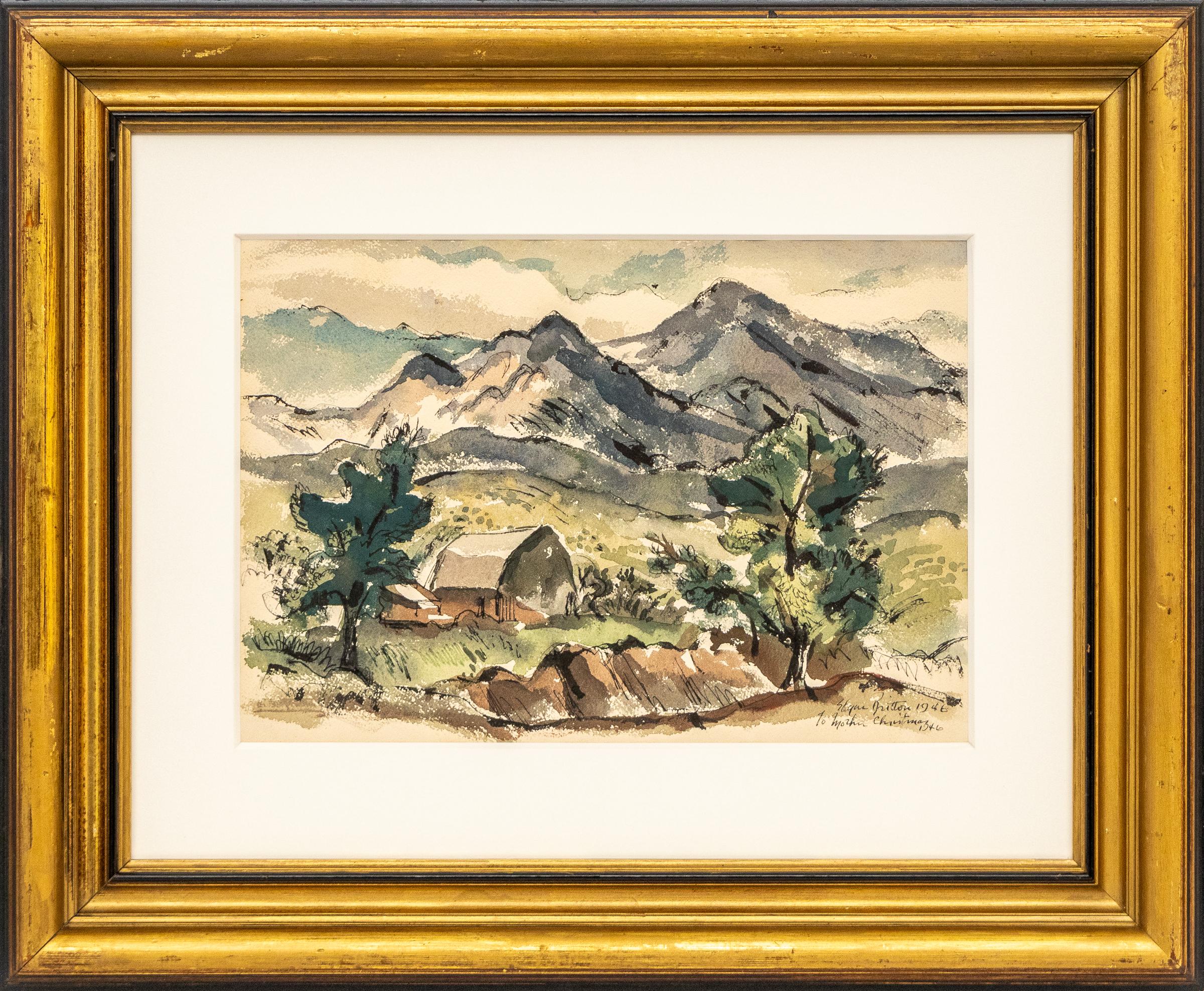 Pittura acquerellata del 1940, epoca WPA, moderna americana, paesaggio montano del Colorado - Art di Edgar Britton