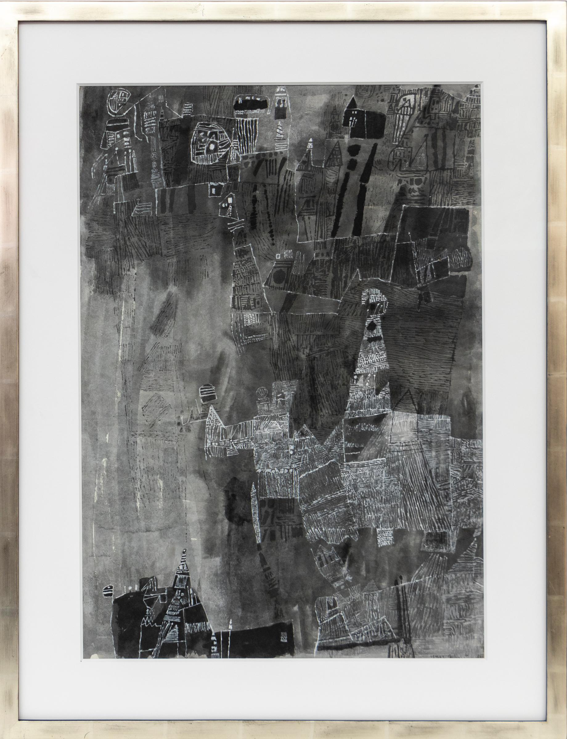 1985 Original Abstract Watercolor Painting – Monochrome Black & White Modern Art - Gray Abstract Drawing by Ynez Johnston