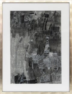 1985 Pintura abstracta original en acuarela - Arte moderno monocromo en blanco y negro
