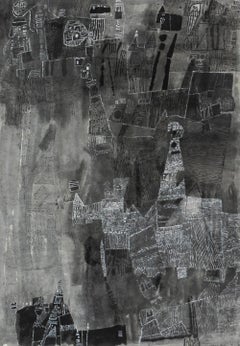 1985 Original Abstrakte Aquarellmalerei - Monochrome Schwarz-Weiß-Moderne Kunst