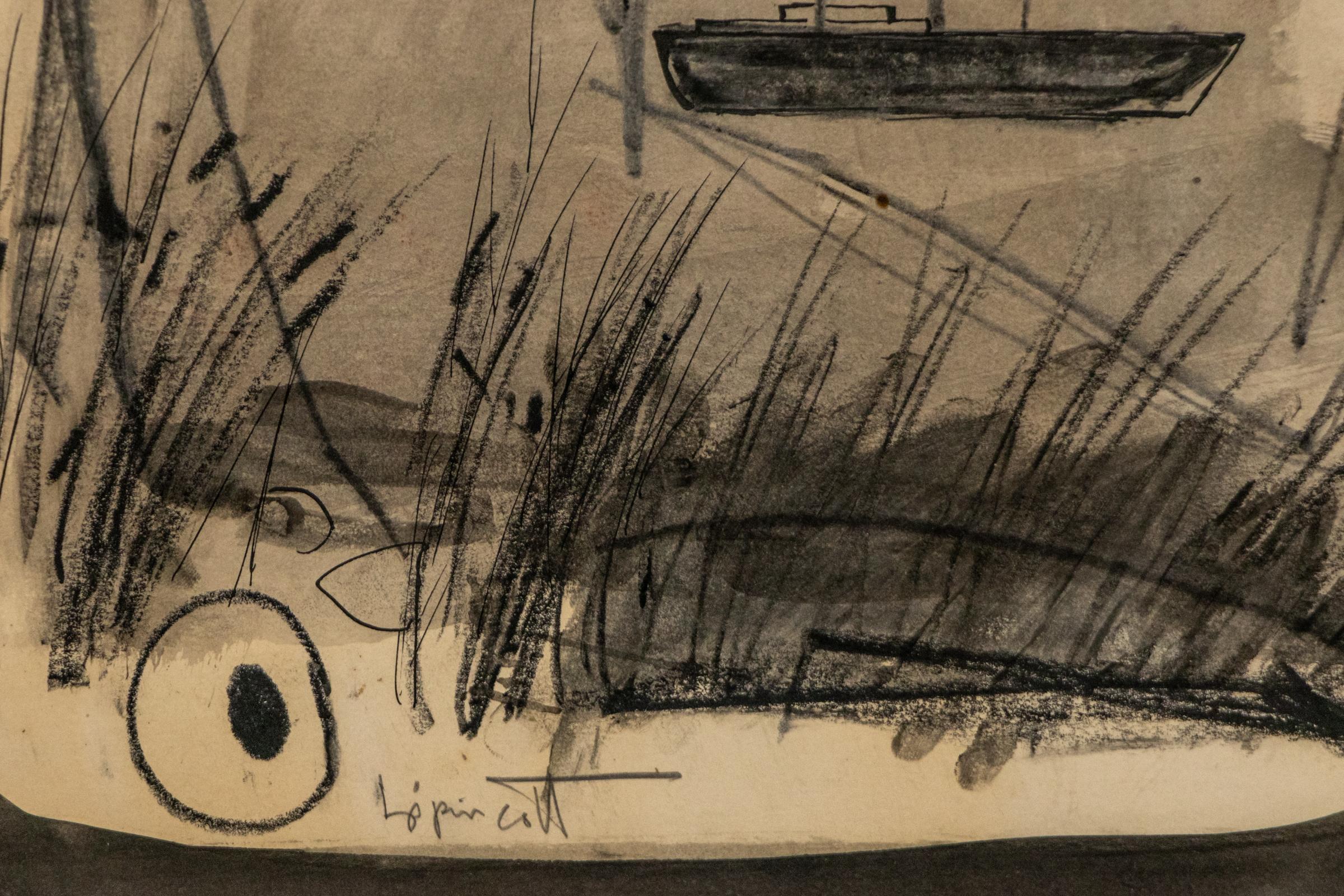 Mid-Century Modern Abstract Sailboat Art – Mixed Media Charcoal & Ink Drawing 2