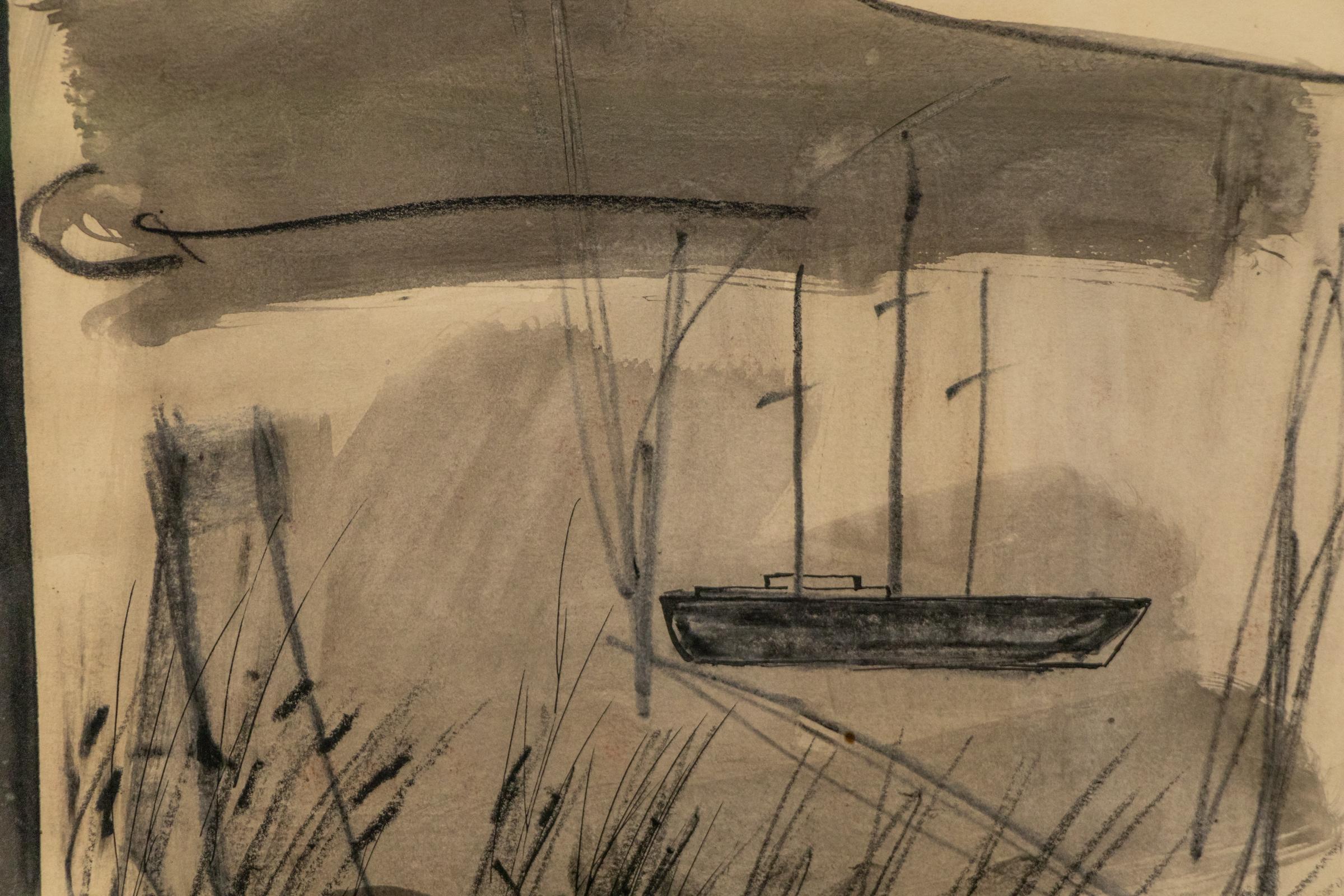 Discover a stunning mid-century modern abstract sailboat composition by renowned 20th-century artist Janet Lippincott (1918–2007). This one-of-a-kind mixed media piece, created with charcoal and ink wash, captures the movement and energy of a