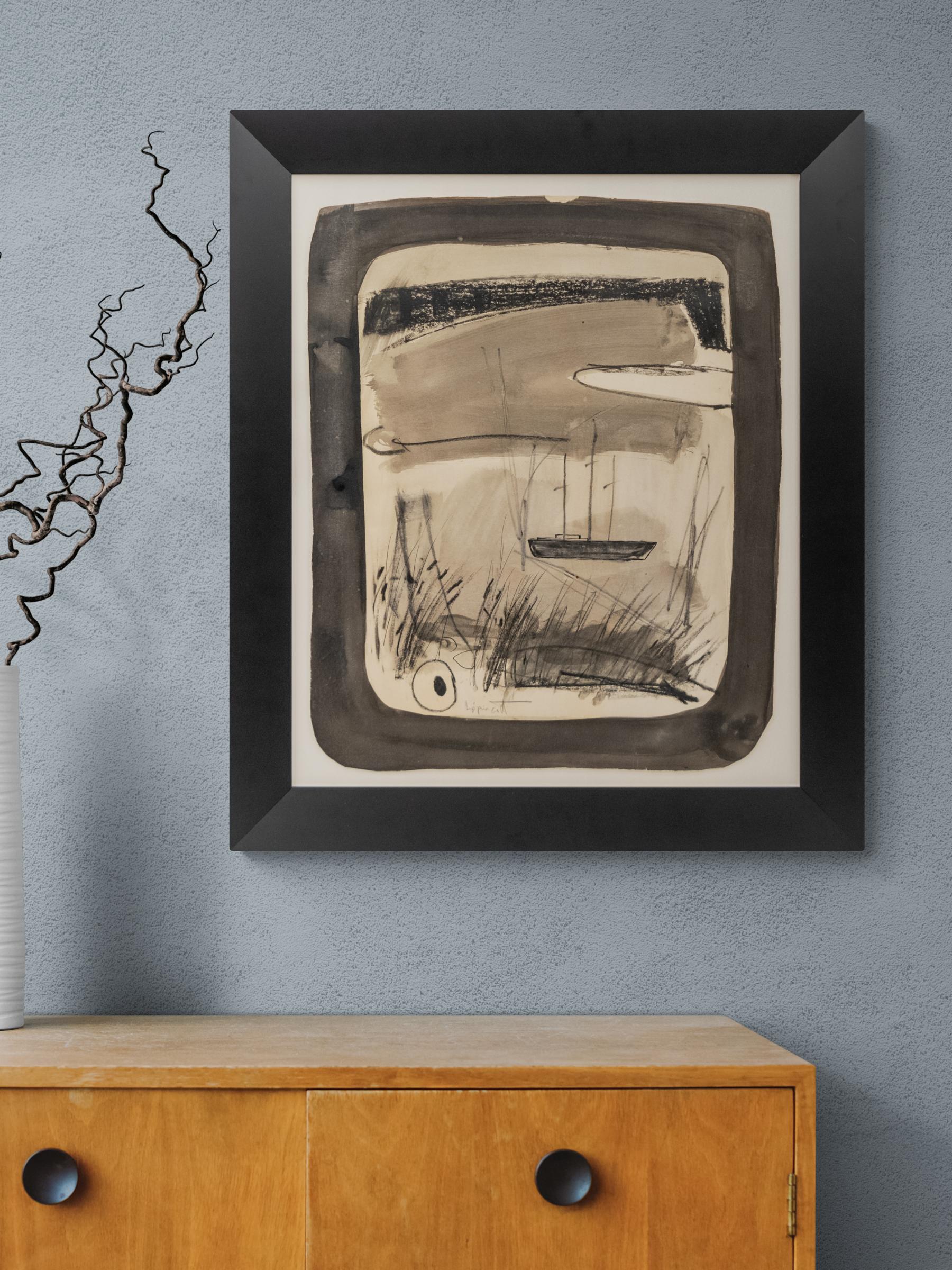 Mid-Century Modern Abstract Sailboat Art – Mixed Media Charcoal & Ink Drawing 5