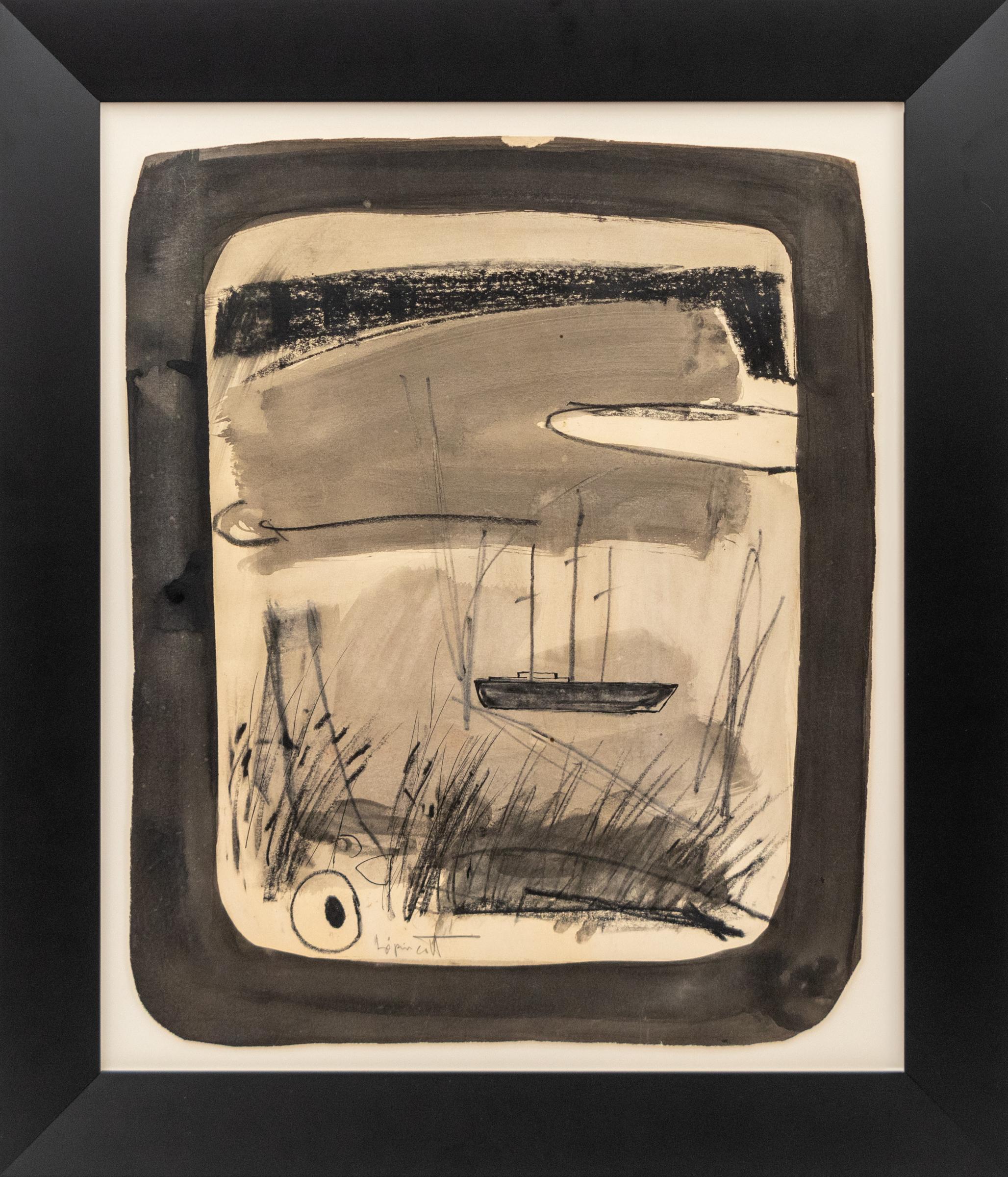 Mid-Century Modern Abstract Sailboat Art – Mixed Media Charcoal & Ink Drawing - Abstract Expressionist Mixed Media Art by Janet Lippincott