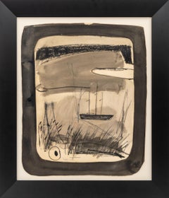 Mid-Century Modern Abstract Sailboat Art – Mixed Media Charcoal & Ink Drawing