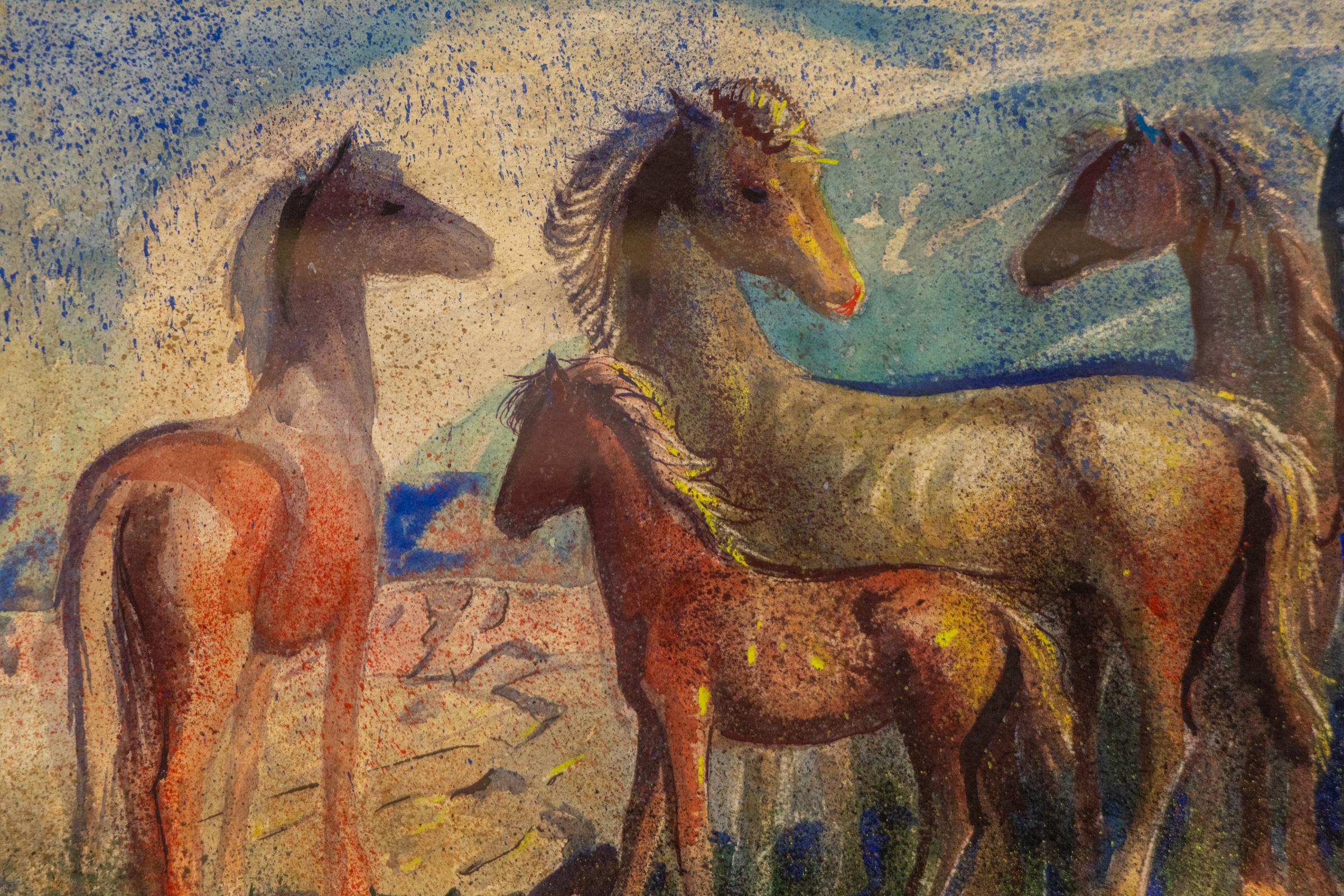 Immerse yourself in the beauty of the American Southwest with this stunning vintage painting by renowned artist Lloyd Moylan (1893–1963). This masterful watercolor and gouache on paper captures a serene moment in nature—a majestic group of horses