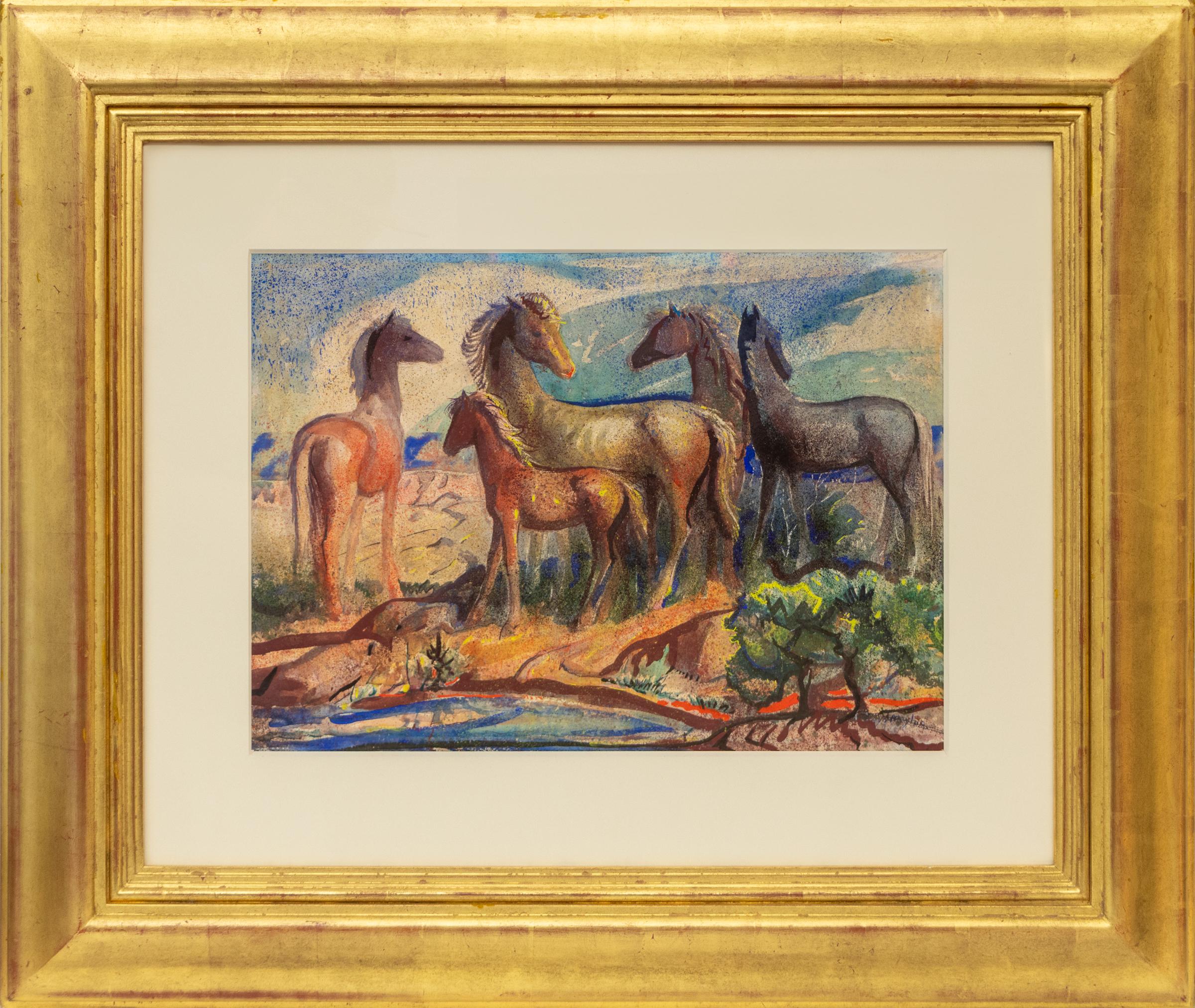 1930s WPA Era Watercolor Painting of Horses in a Southwest Landscape - Art by Lloyd Moylan