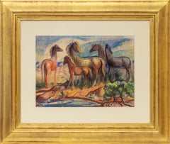 Acquerello di epoca WPA del 1930 raffigurante cavalli in un paesaggio del sud-ovest