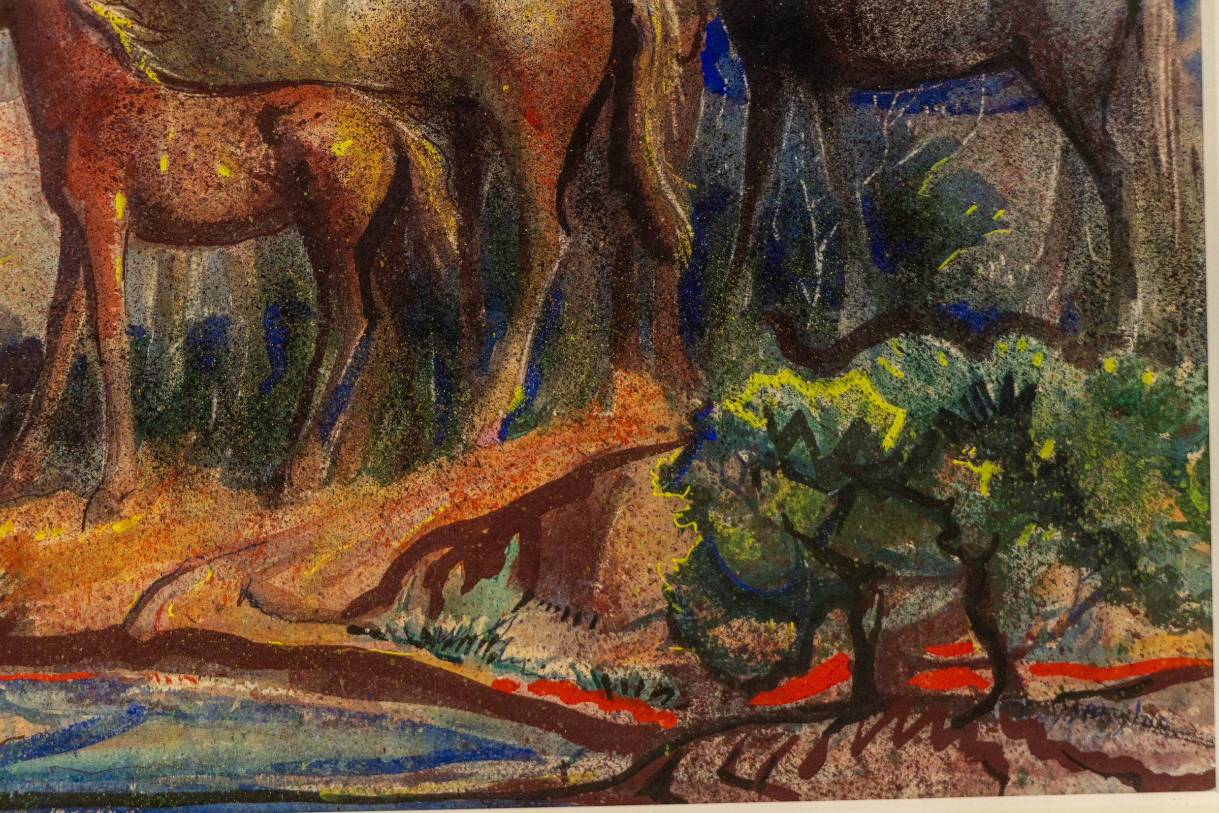 1930s WPA Era Watercolor Painting of Horses in a Southwest Landscape - Brown Landscape Art by Lloyd Moylan