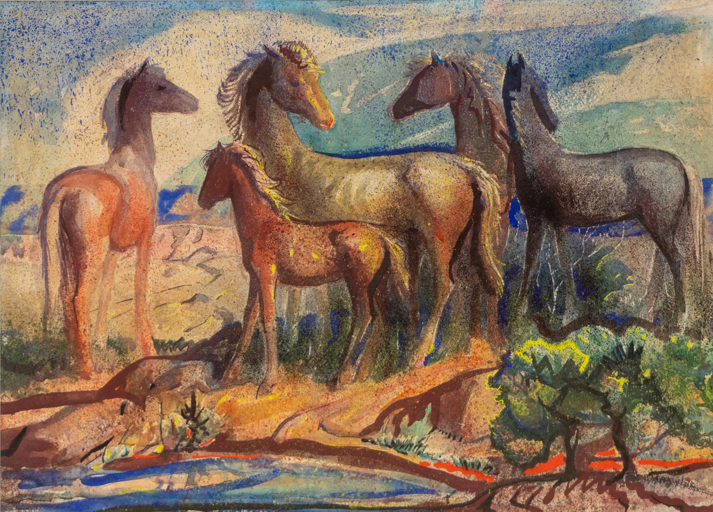 Aquarelle des années 1930 de l
époque WPA représentant des chevaux dans un paysage du Sud-Ouest