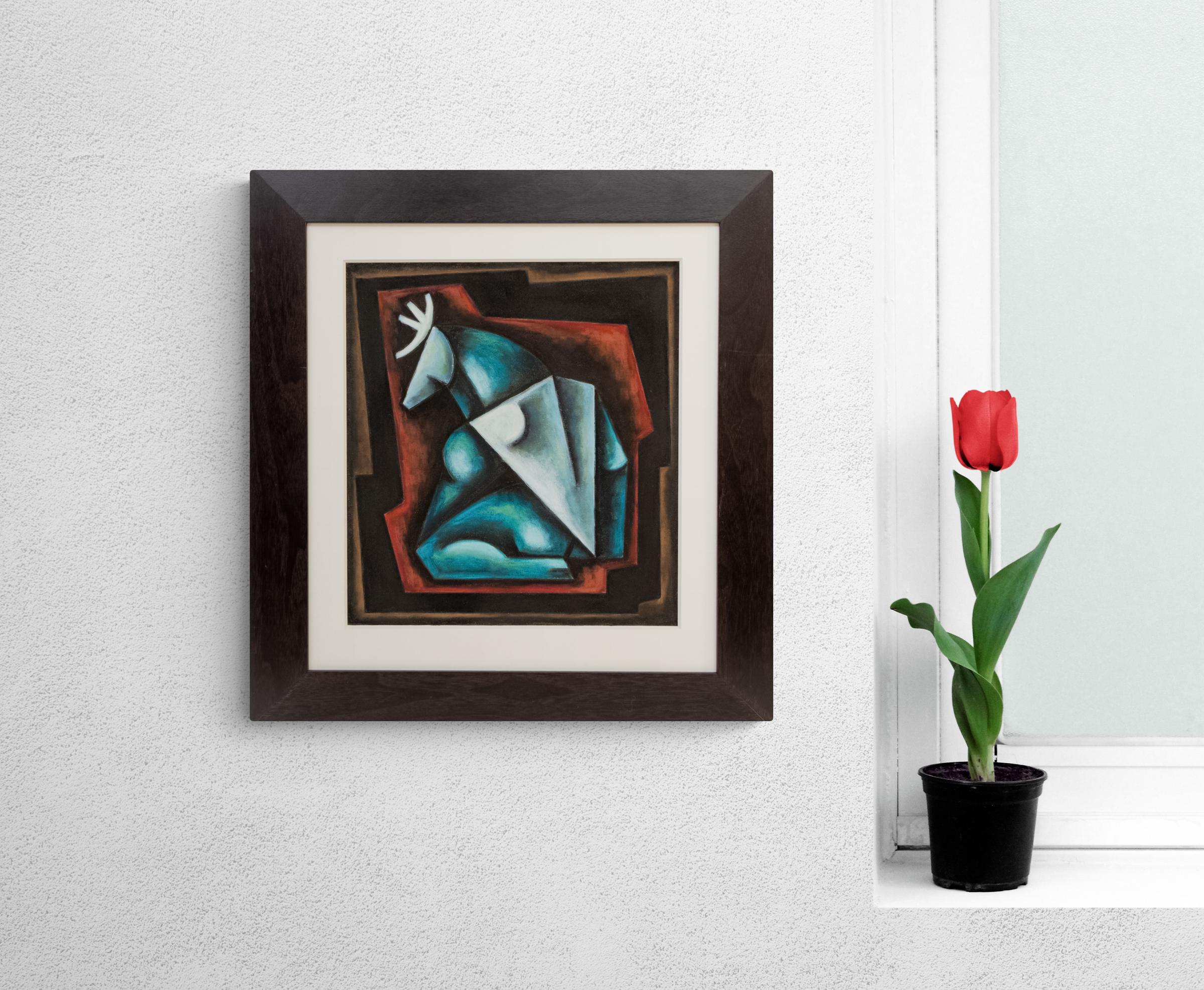 Sushe Felix “Elk Being” 1994 Turquoise and Red Original Pastel Painting For Sale 7