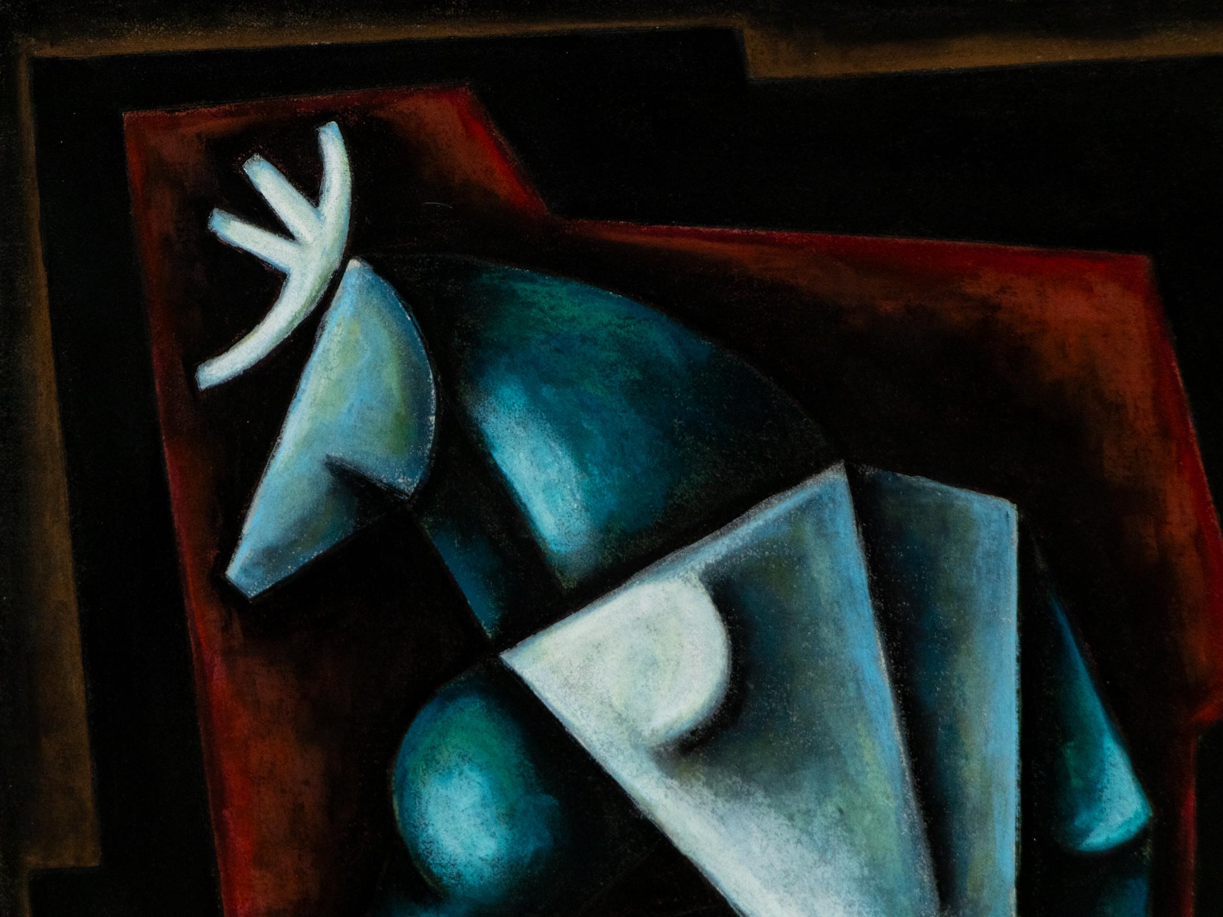 Sushe Felix “Elk Being” 1994 Turquoise and Red Original Pastel Painting For Sale 3