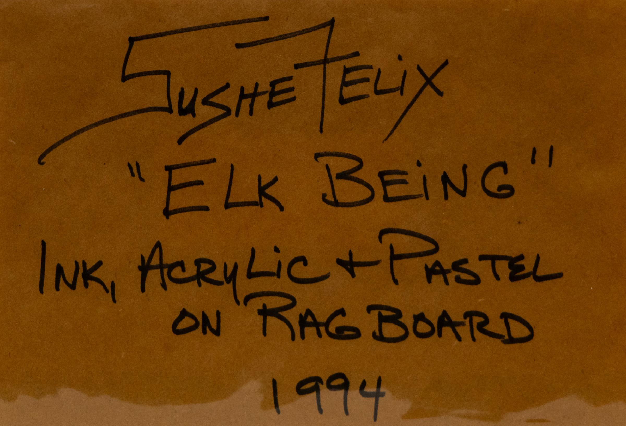 Sushe Felix “Elk Being” 1994 Turquoise and Red Original Pastel Painting For Sale 6