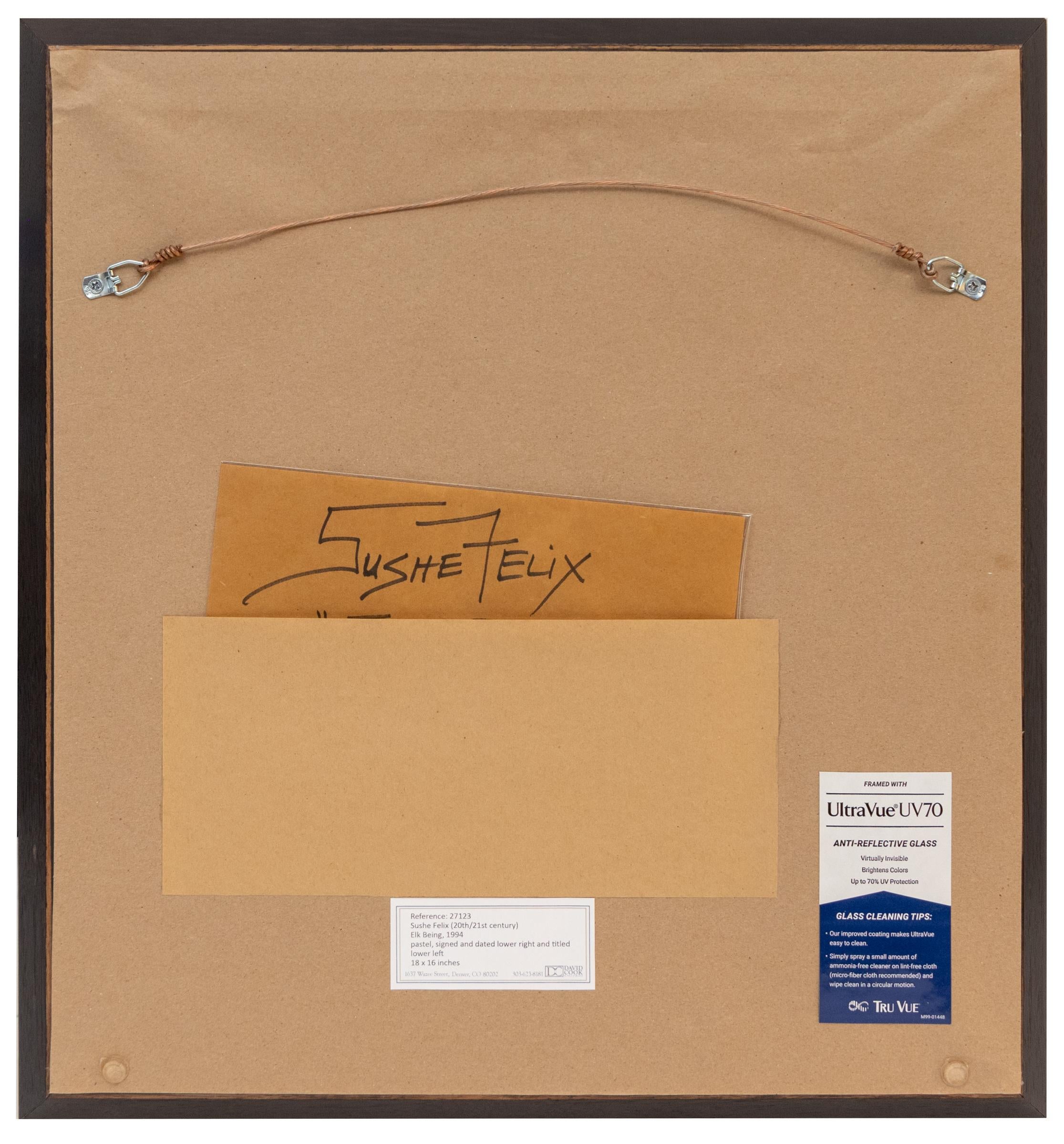 Sushe Felix “Elk Being” 1994 Turquoise and Red Original Pastel Painting For Sale 5