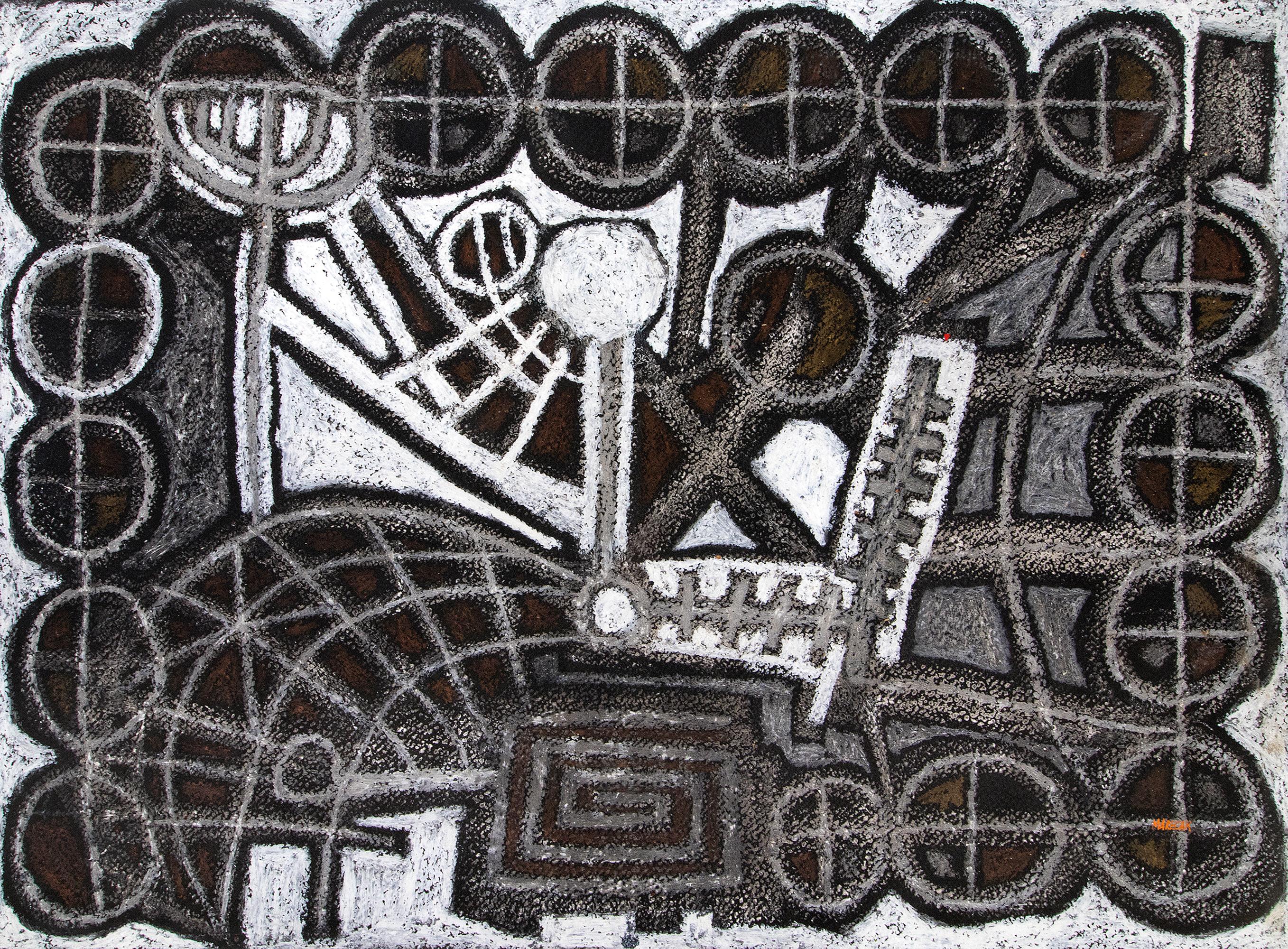 Frost Flowers, disegno a pastello e inchiostro in scala di grigi del 1960, metà del secolo scorso - Mixed Media Art di Edward Marecak